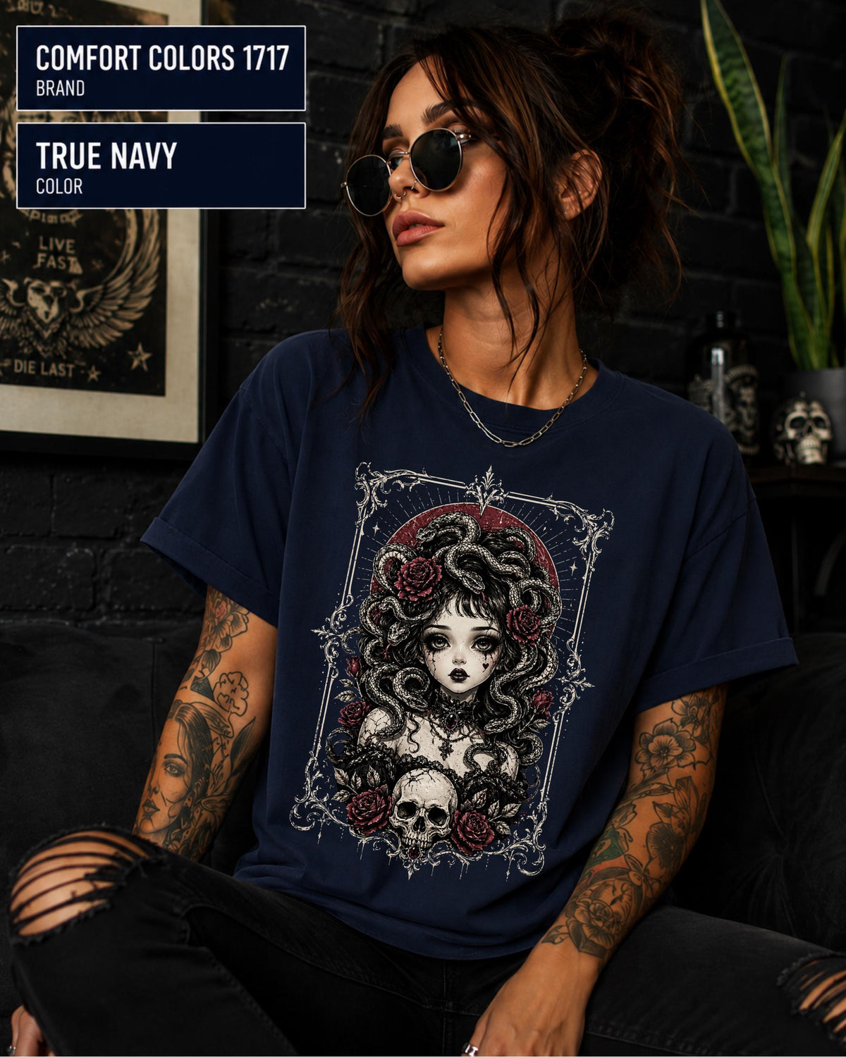 Woman wearing a True Navy Comfort Colors 1717 T-shirt featuring a gothic Medusa-inspired woman with snakes, dark roses, ornate framing, and a skull design.