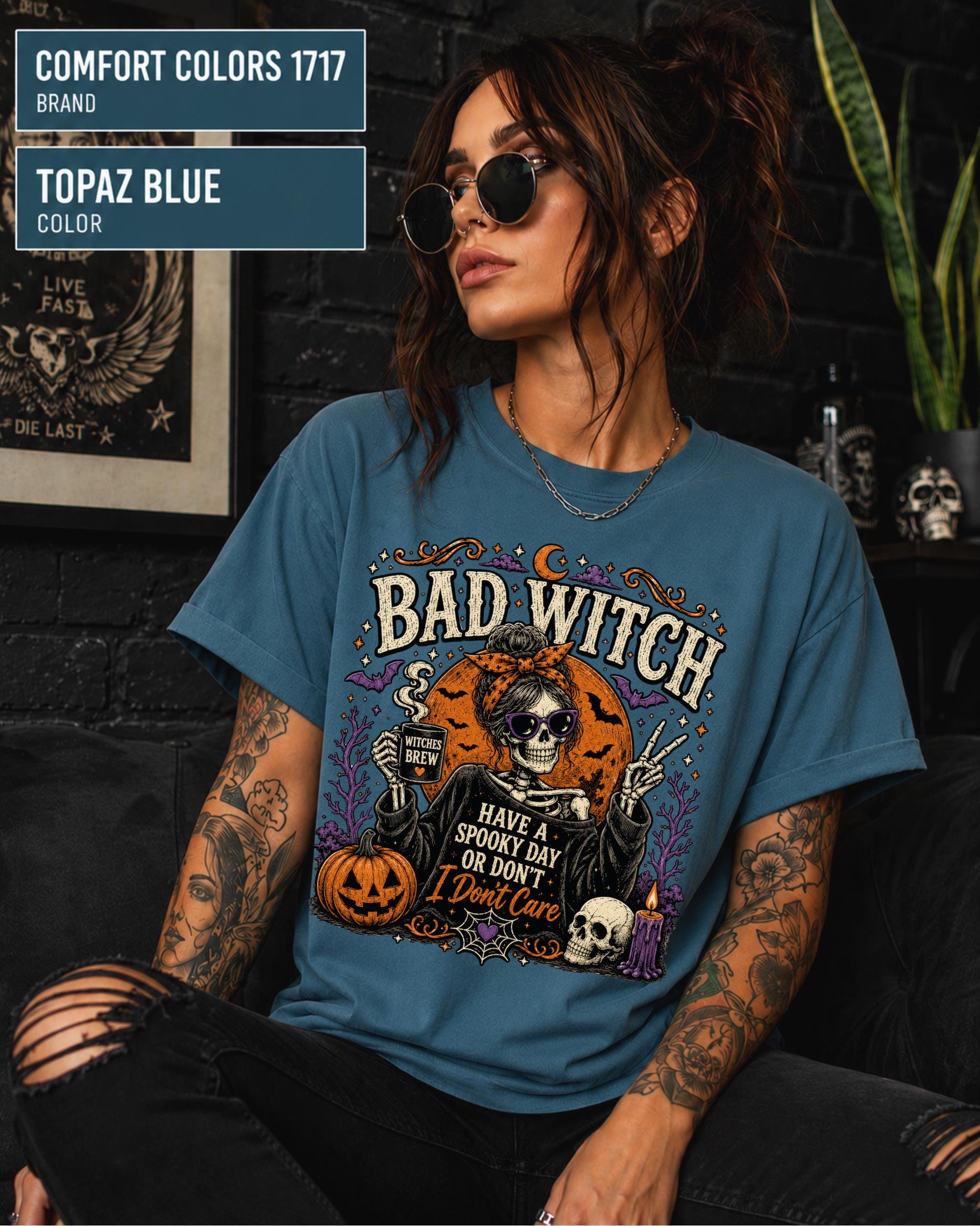 Sarcastic spooky season shirt with Have a Spooky Day or Don’t I Don’t Care wording.