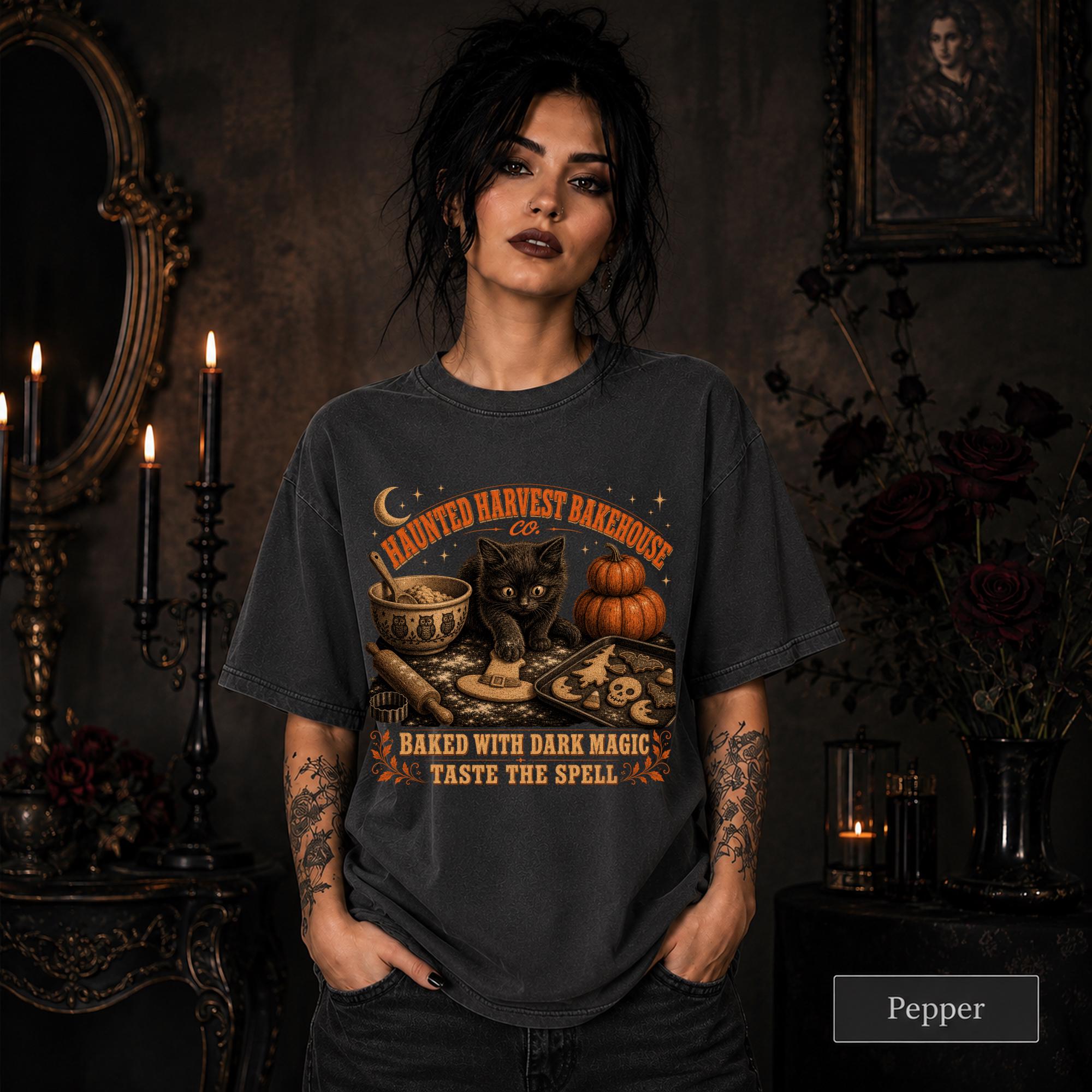 Woman wearing a Pepper Comfort Colors 1717 shirt with Haunted Harvest Bakehouse black cat Halloween design.