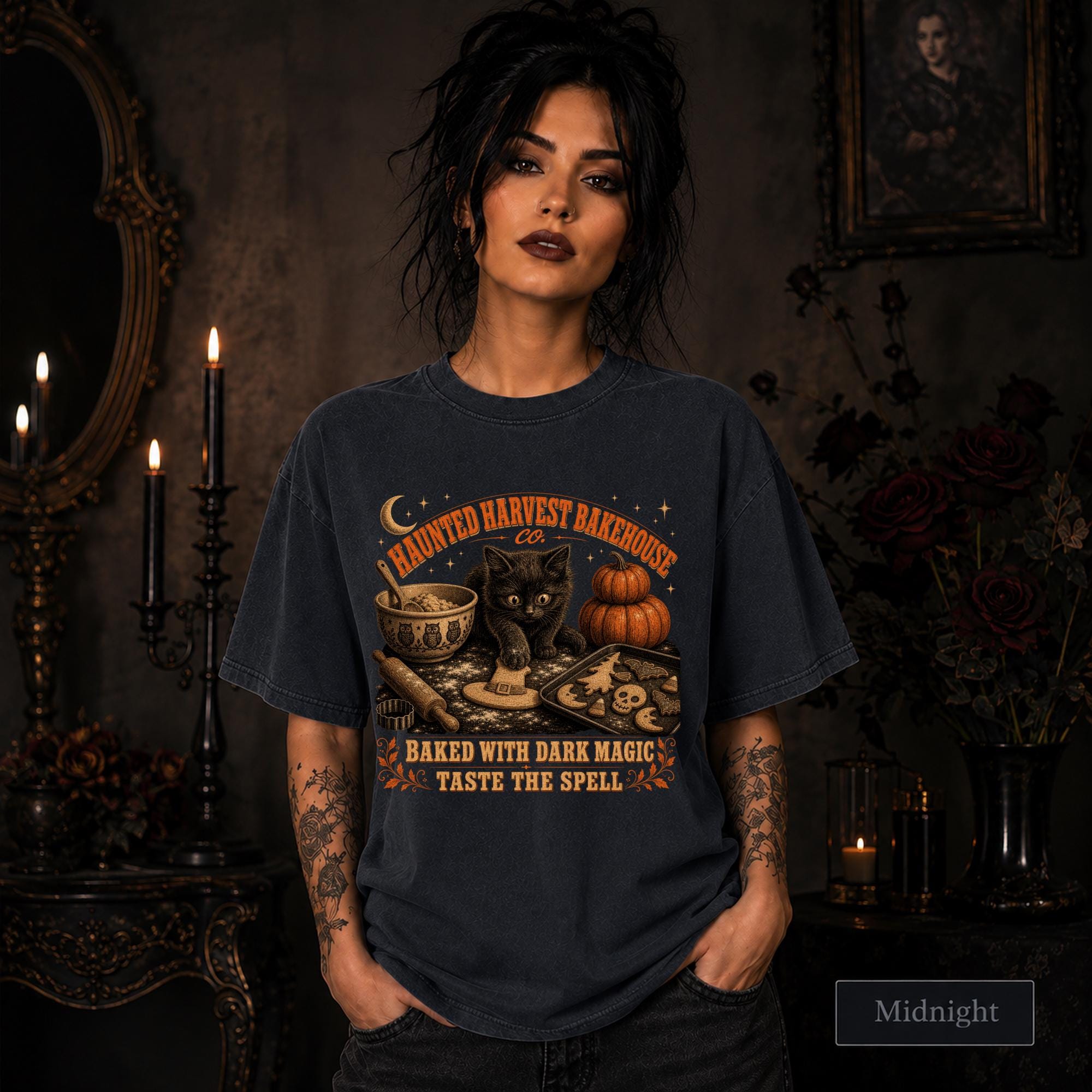 Comfort Colors Midnight shirt with vintage Halloween bakery artwork and black cat fall design.