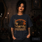 Comfort Colors Midnight shirt with vintage Halloween bakery artwork and black cat fall design.