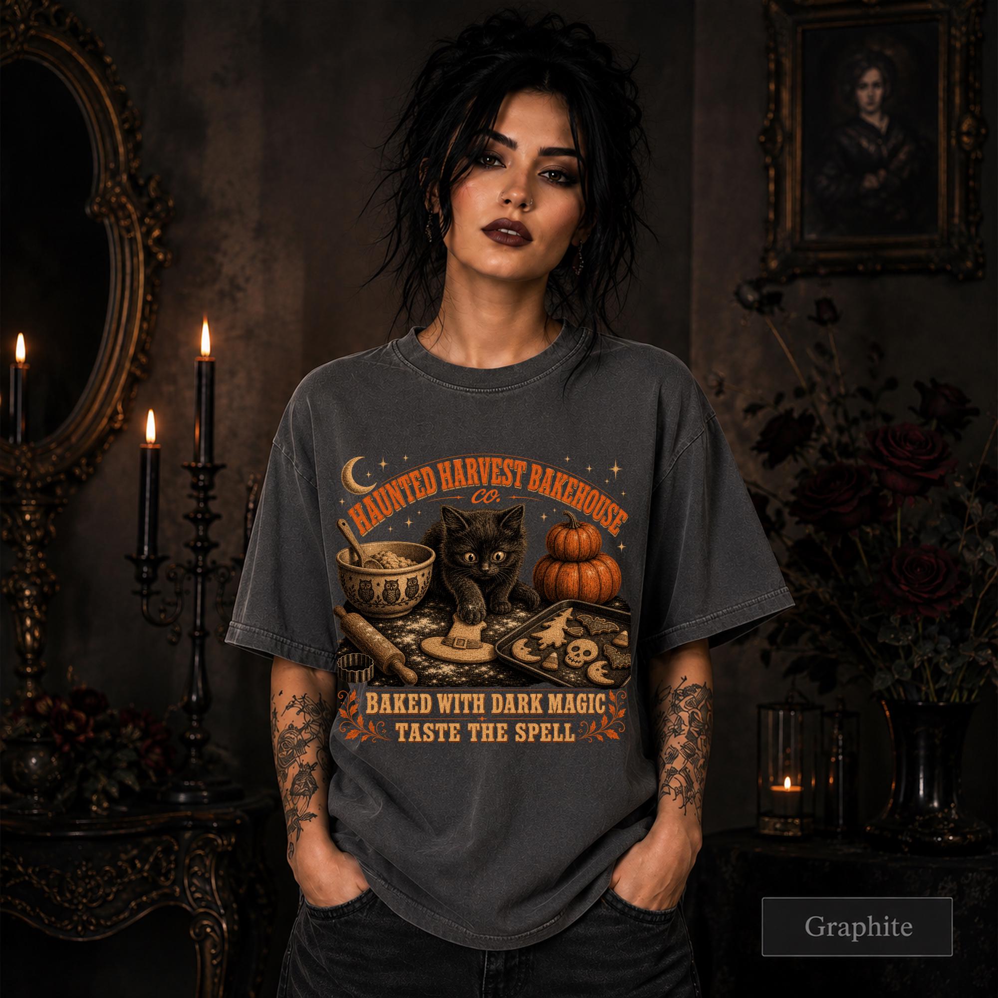 Cute spooky season tee featuring baking tools, cookie tray, pumpkins, and a black kitten.