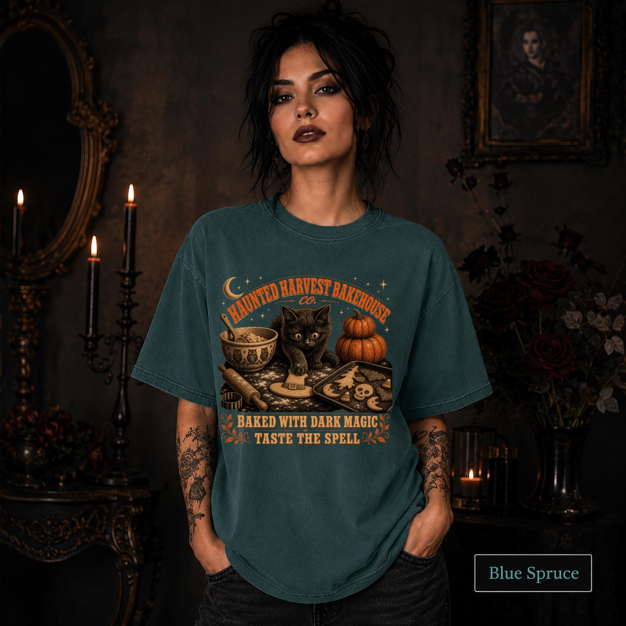 Vintage-style Halloween shirt for bakers with Baked With Dark Magic Taste The Spell text.