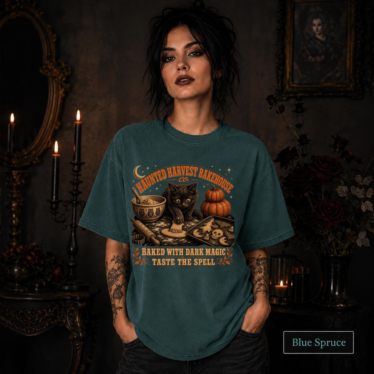 Vintage-style Halloween shirt for bakers with Baked With Dark Magic Taste The Spell text.