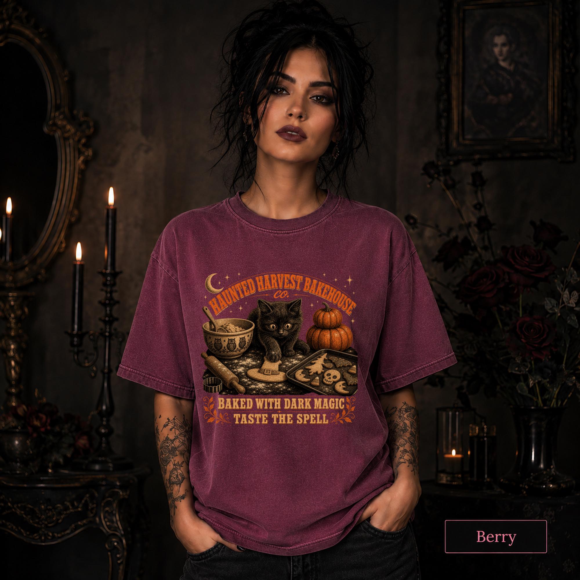 Spooky bakery shirt for Halloween lovers featuring a kitten, cookie cutters, and pumpkin decor.