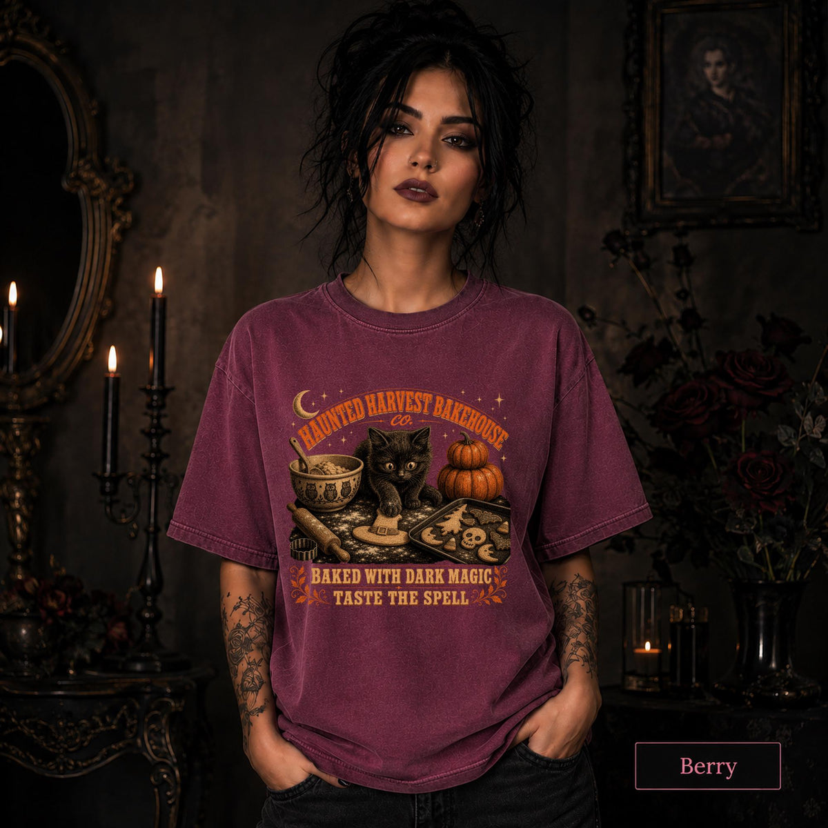 Spooky bakery shirt for Halloween lovers featuring a kitten, cookie cutters, and pumpkin decor.