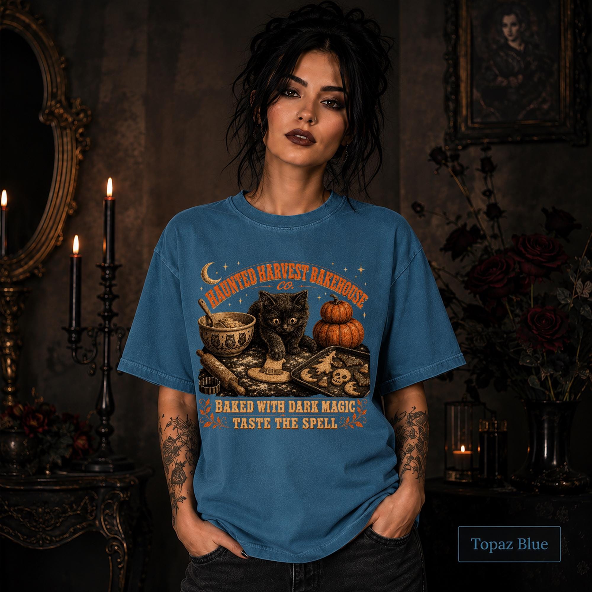 Comfort Colors 1717 Halloween tee with haunted harvest design and cozy autumn aesthetic.