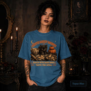 Comfort Colors 1717 Halloween tee with haunted harvest design and cozy autumn aesthetic.