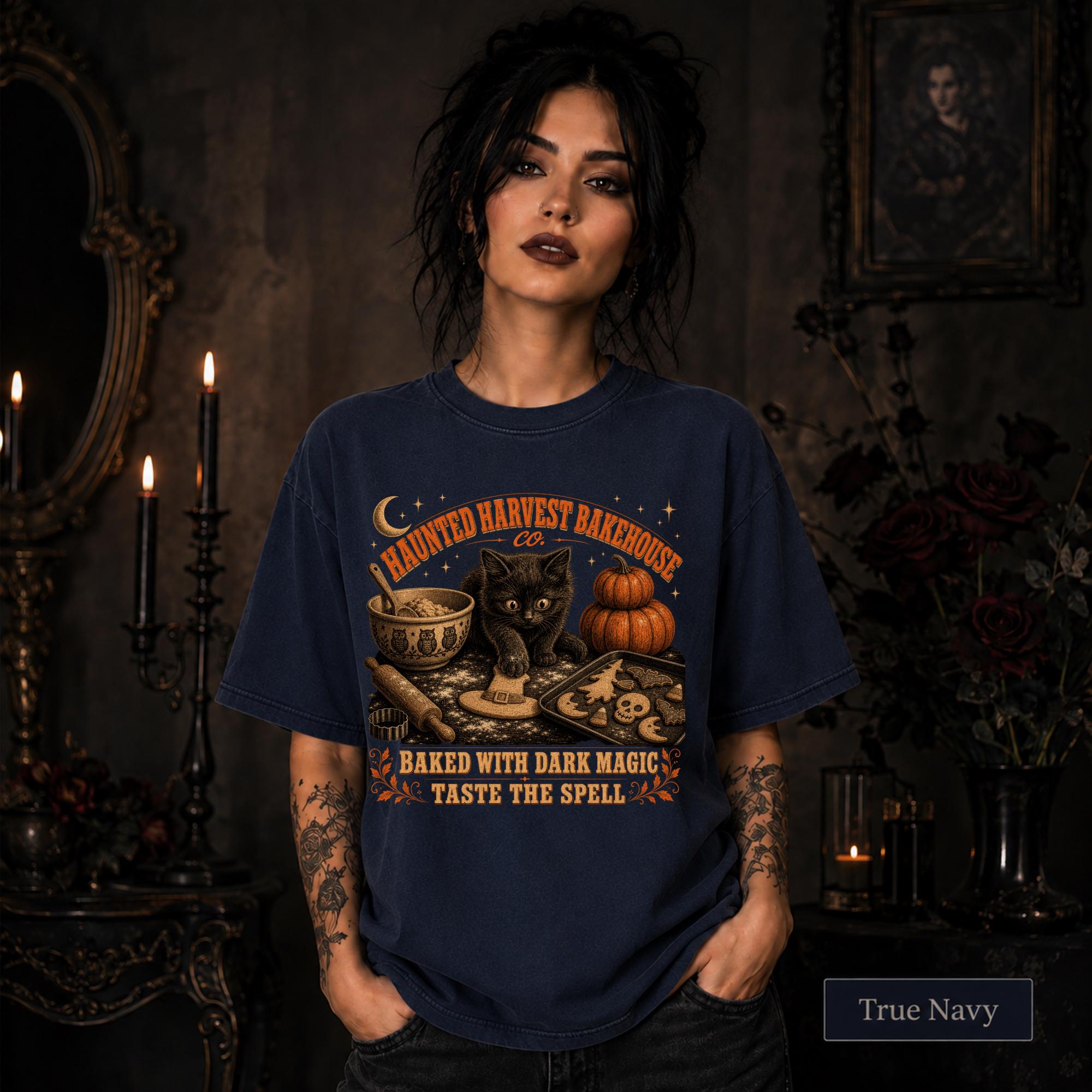 Black cat Halloween shirt perfect for bakers, fall lovers, and spooky season outfits.