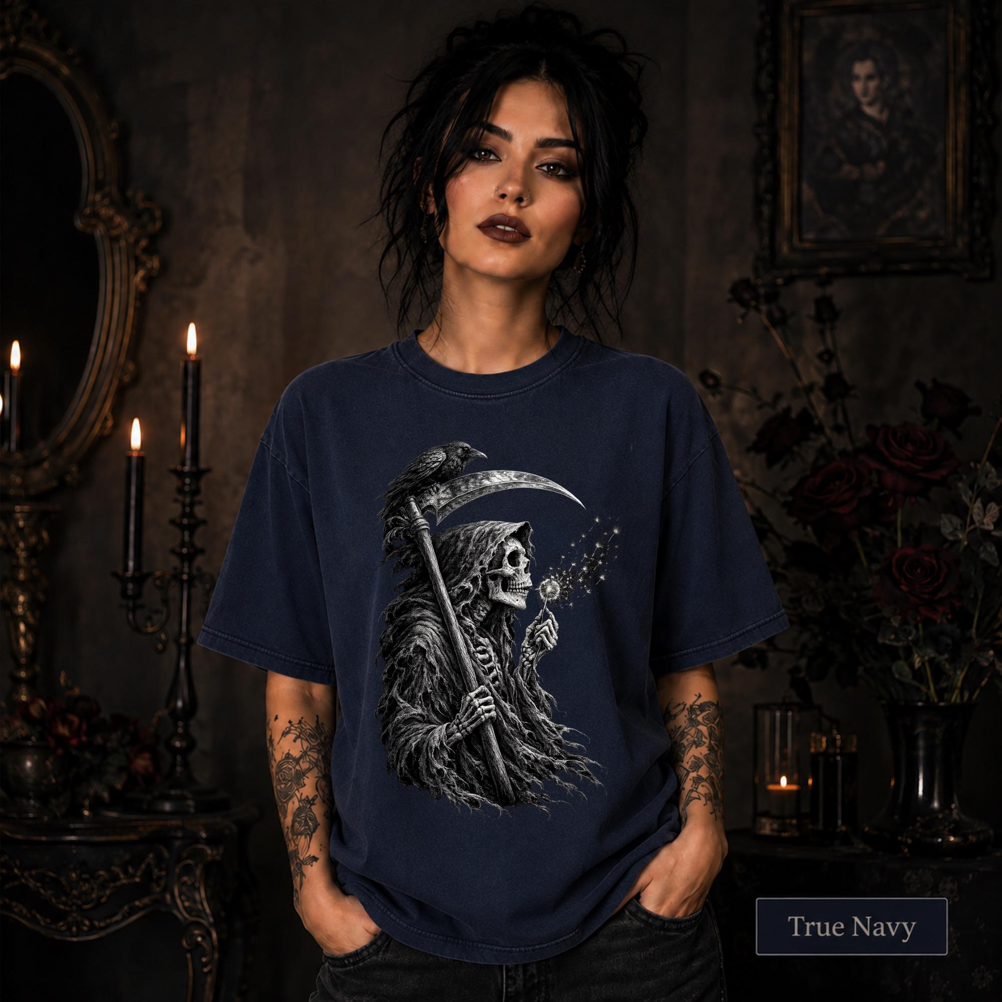 Black raven perched above a detailed grim reaper holding an ornate scythe.
