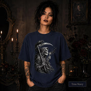 Black raven perched above a detailed grim reaper holding an ornate scythe.