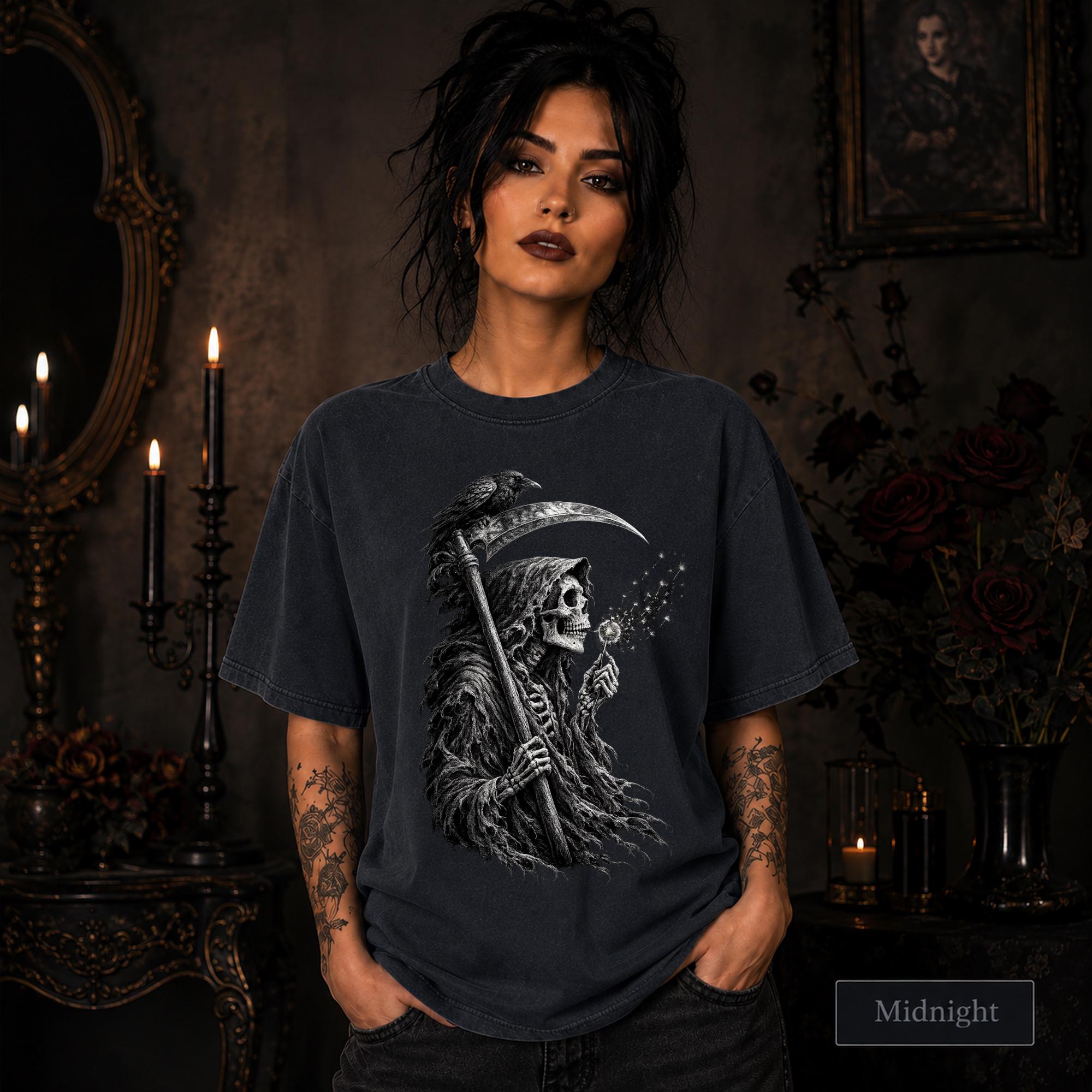 Monochrome dark fantasy illustration printed on a black garment-dyed T-shirt.