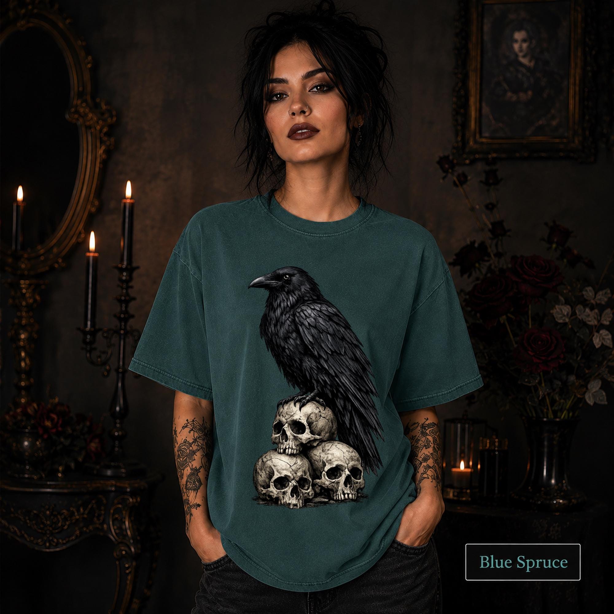 Comfort Colors 1717 Blue spruce tee with a moody raven and skeleton design.