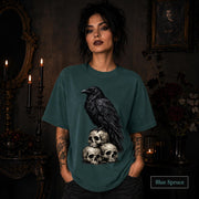 Comfort Colors 1717 Blue spruce tee with a moody raven and skeleton design.