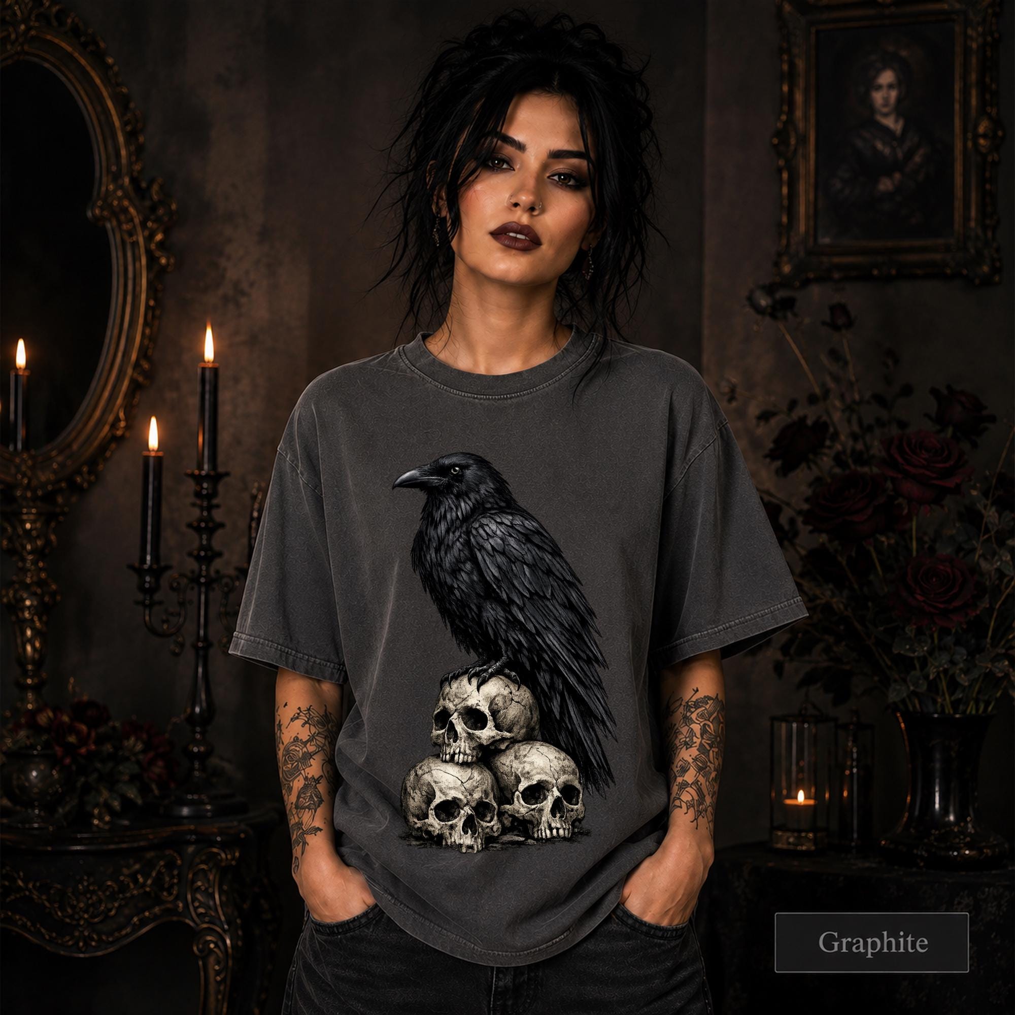 Black bird graphic shirt for gothic fashion, dark art, and alternative style lovers.