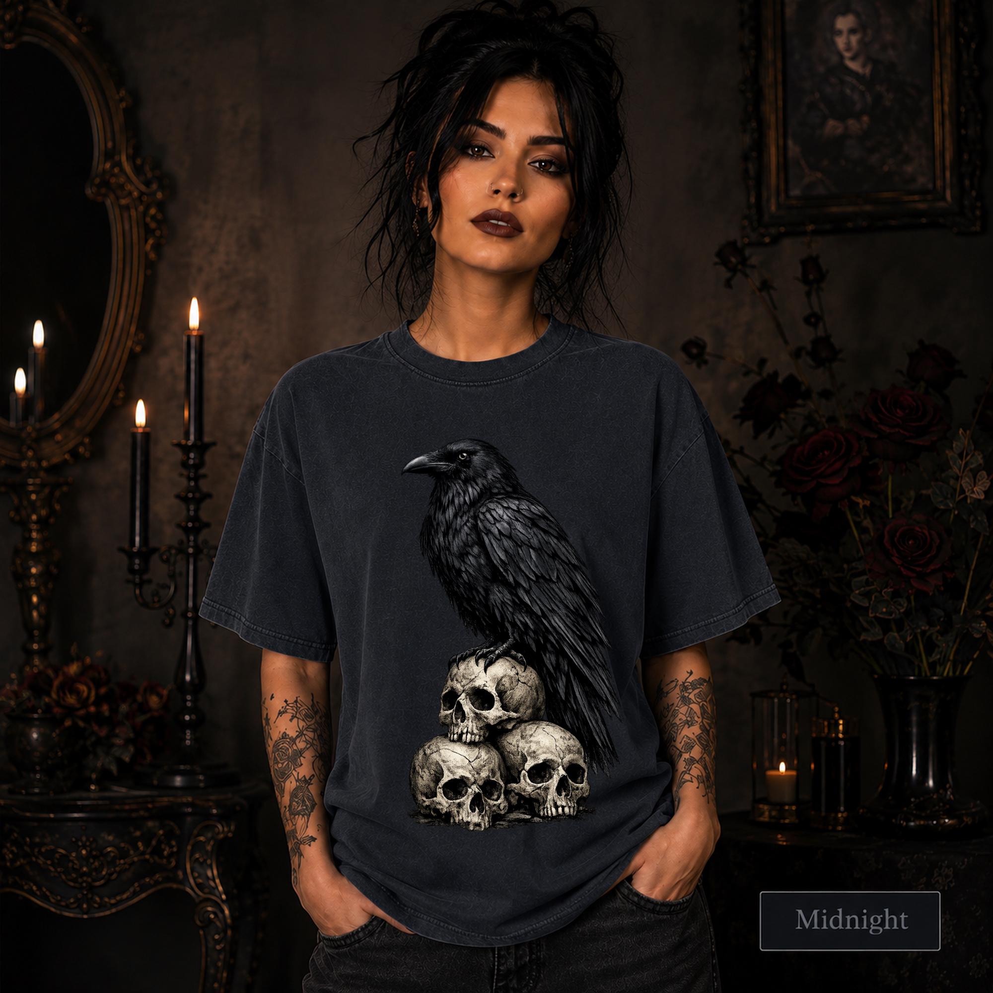 Detailed crow and skull illustration printed on a midnight garment-dyed T-shirt.