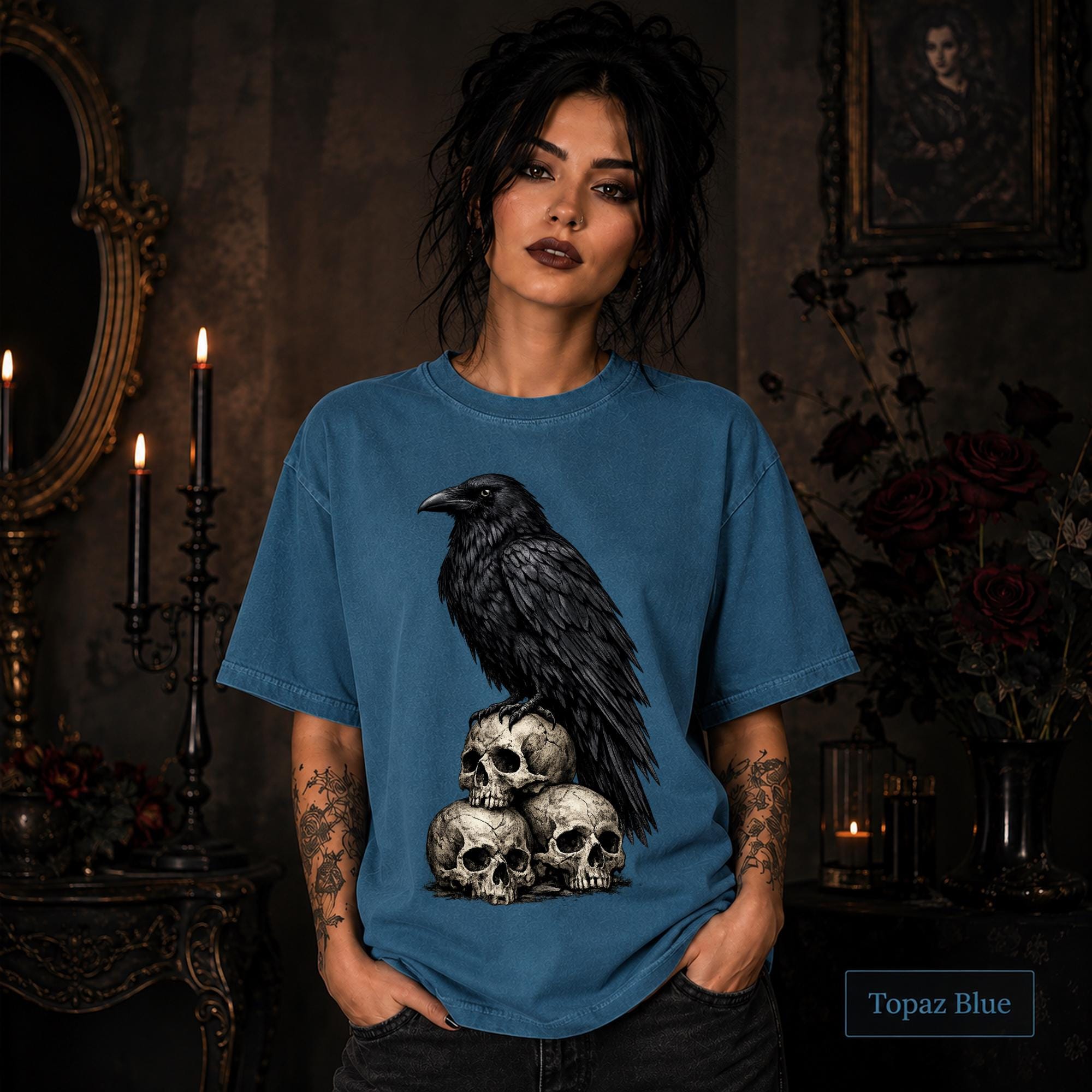 Raven lover gift printed on a soft Topaz blue Comfort Colors unisex tee.