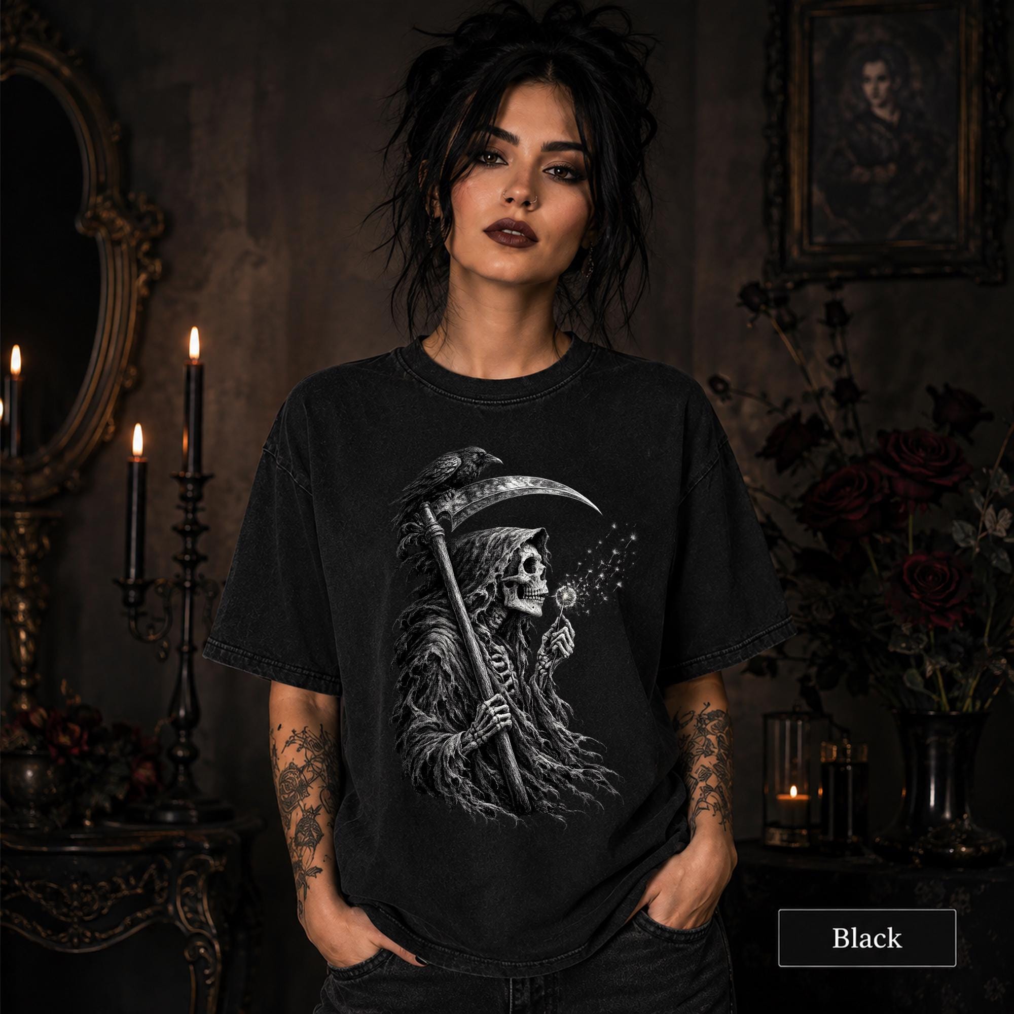 Woman wearing a black Comfort Colors 1717 shirt featuring a grim reaper, scythe, raven, and dandelion design.