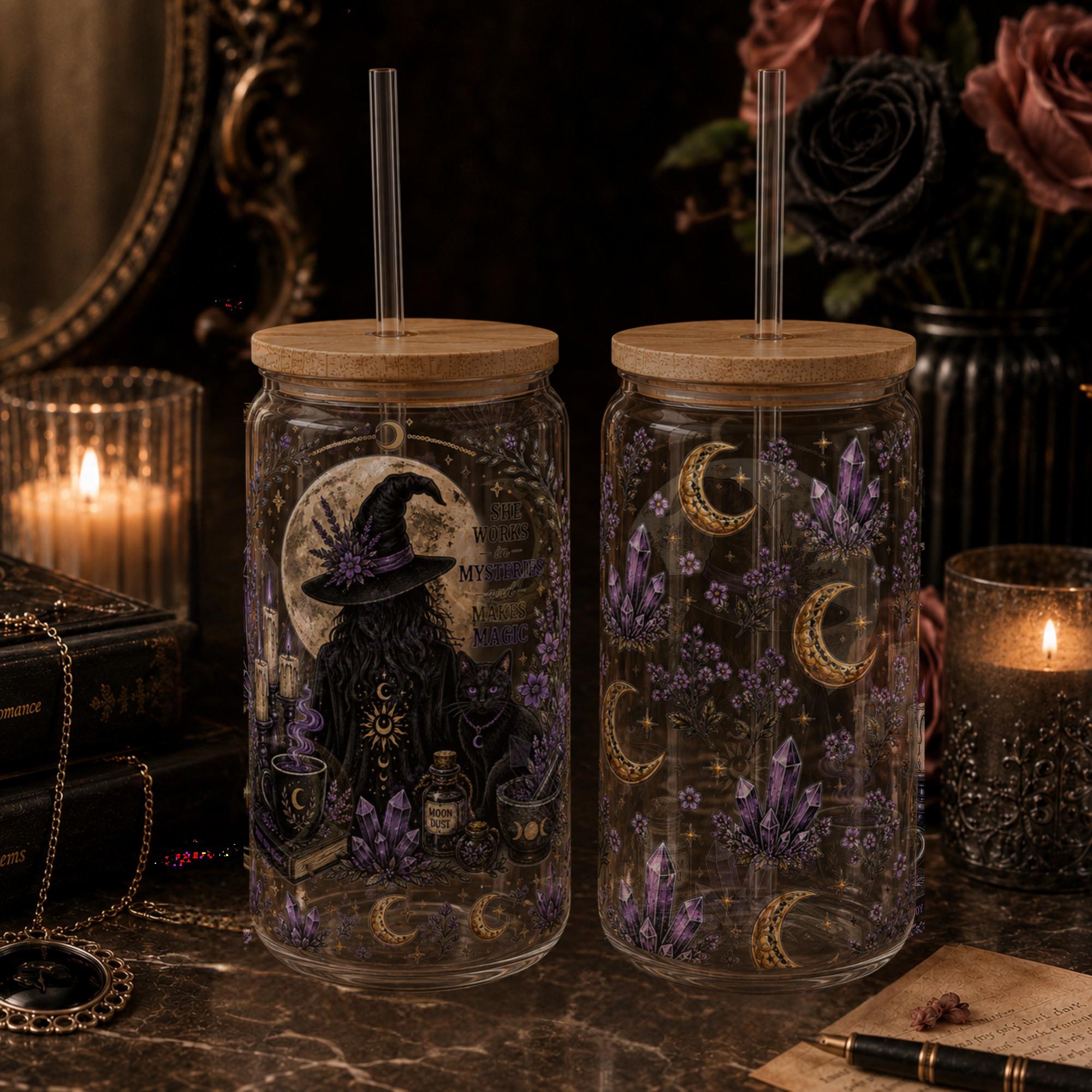 Witch themed glass can with bamboo lid and reusable straw