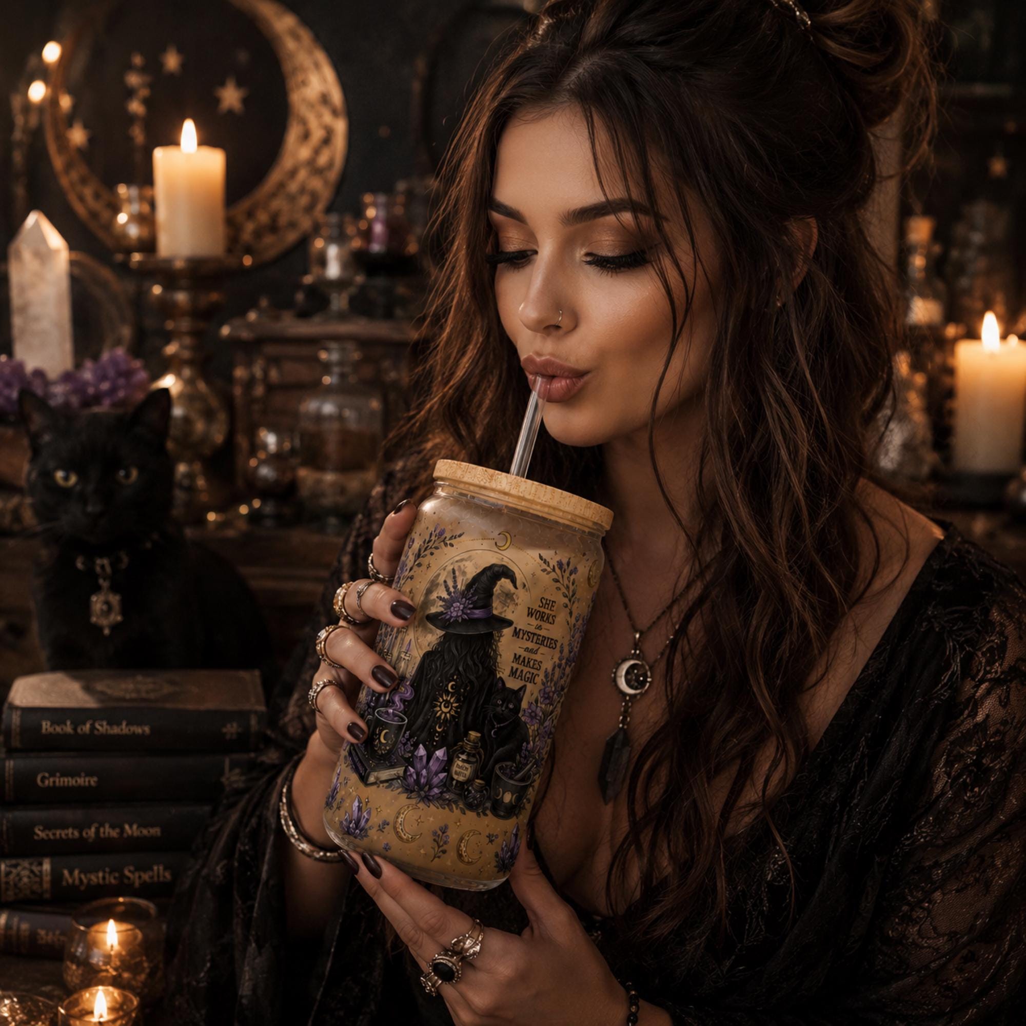 Witch themed glass can with bamboo lid and reusable straw