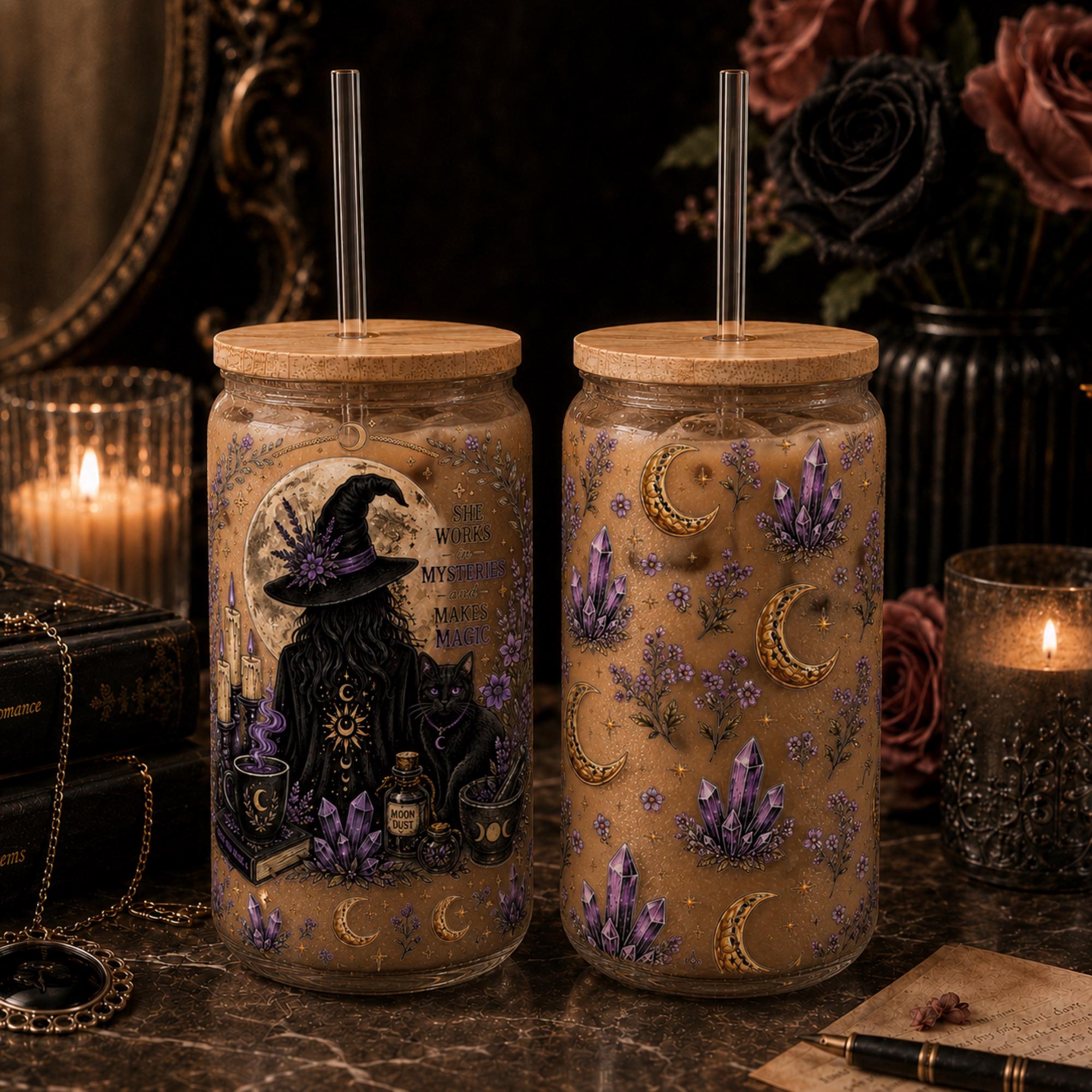 Witch themed glass can with bamboo lid and reusable straw