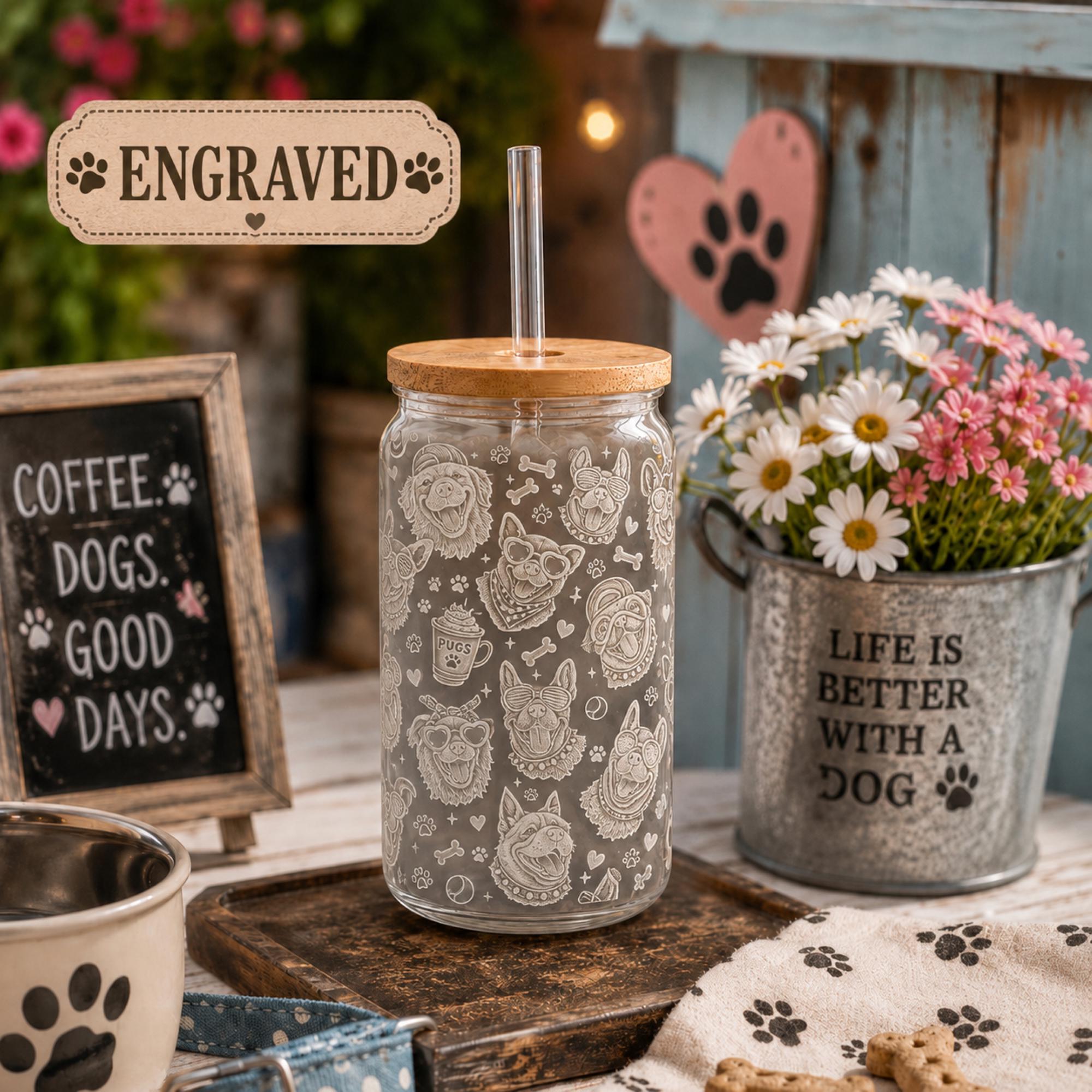 Pet lover engraved glass cup with bamboo lid and reusable straw