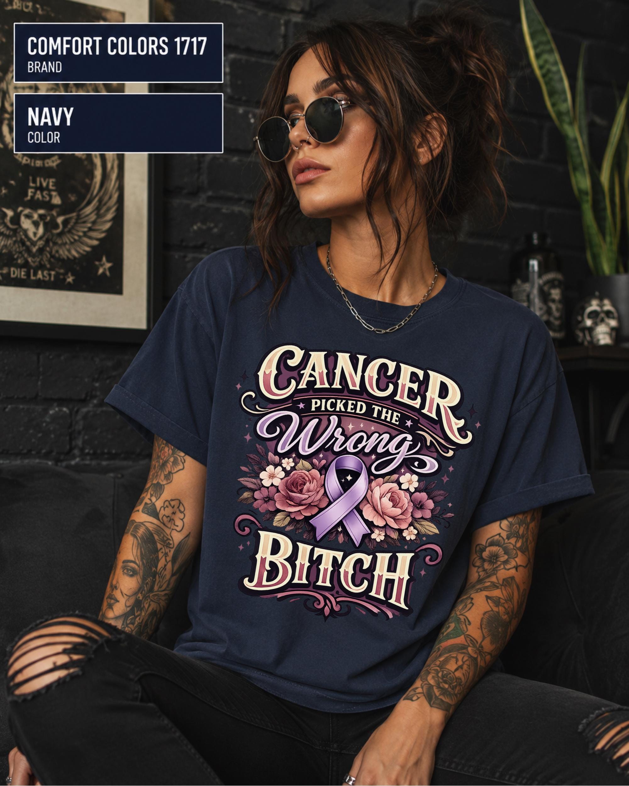 Woman wearing a Comfort Color 1717 cancer fighter shirt featuring Cancer Picked the Wrong Bitch text, pink ribbon, and floral artwork.