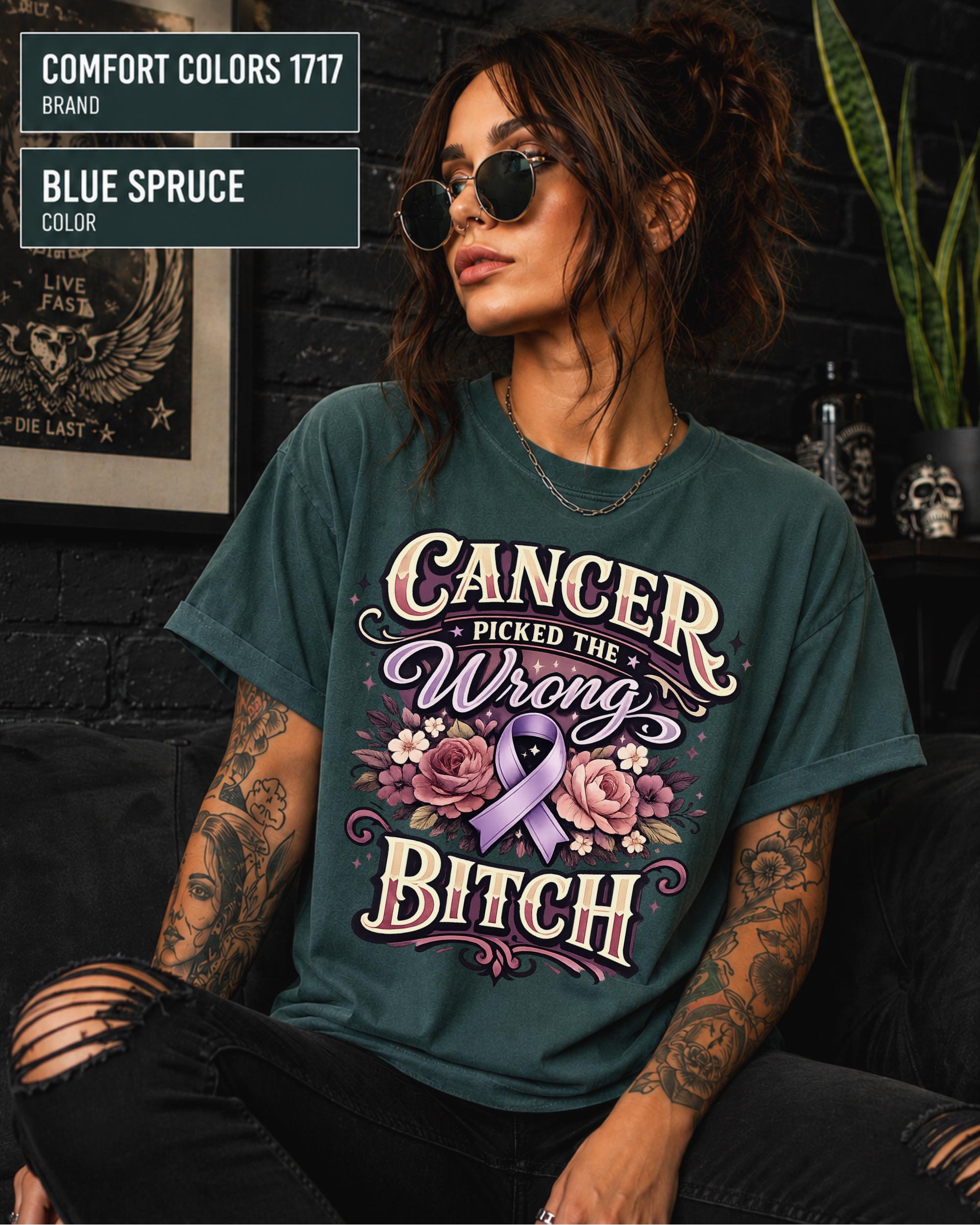 Woman wearing a Comfort Color 1717 cancer fighter shirt featuring Cancer Picked the Wrong Bitch text, pink ribbon, and floral artwork.