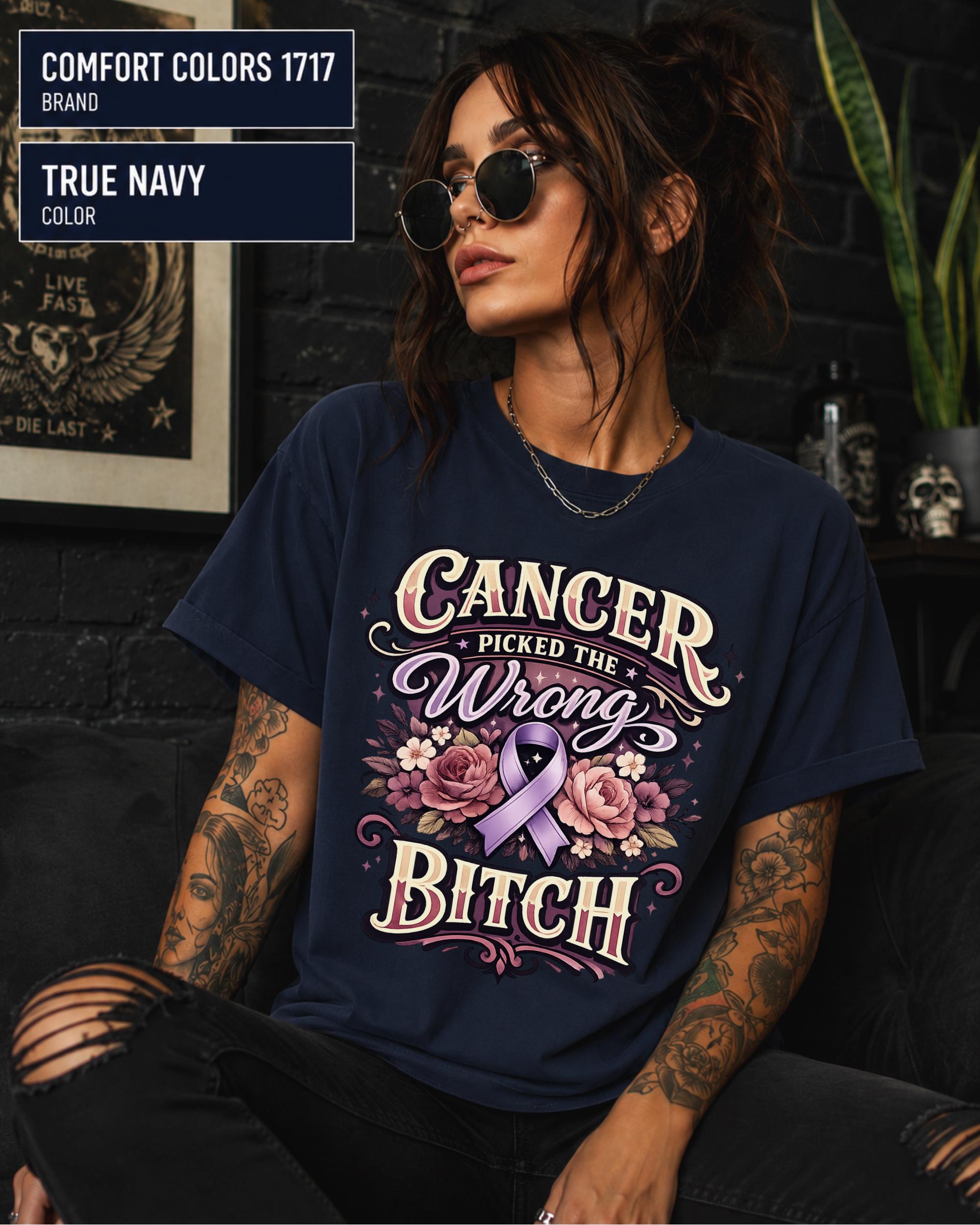 Woman wearing a Comfort Color 1717 cancer fighter shirt featuring Cancer Picked the Wrong Bitch text, pink ribbon, and floral artwork.