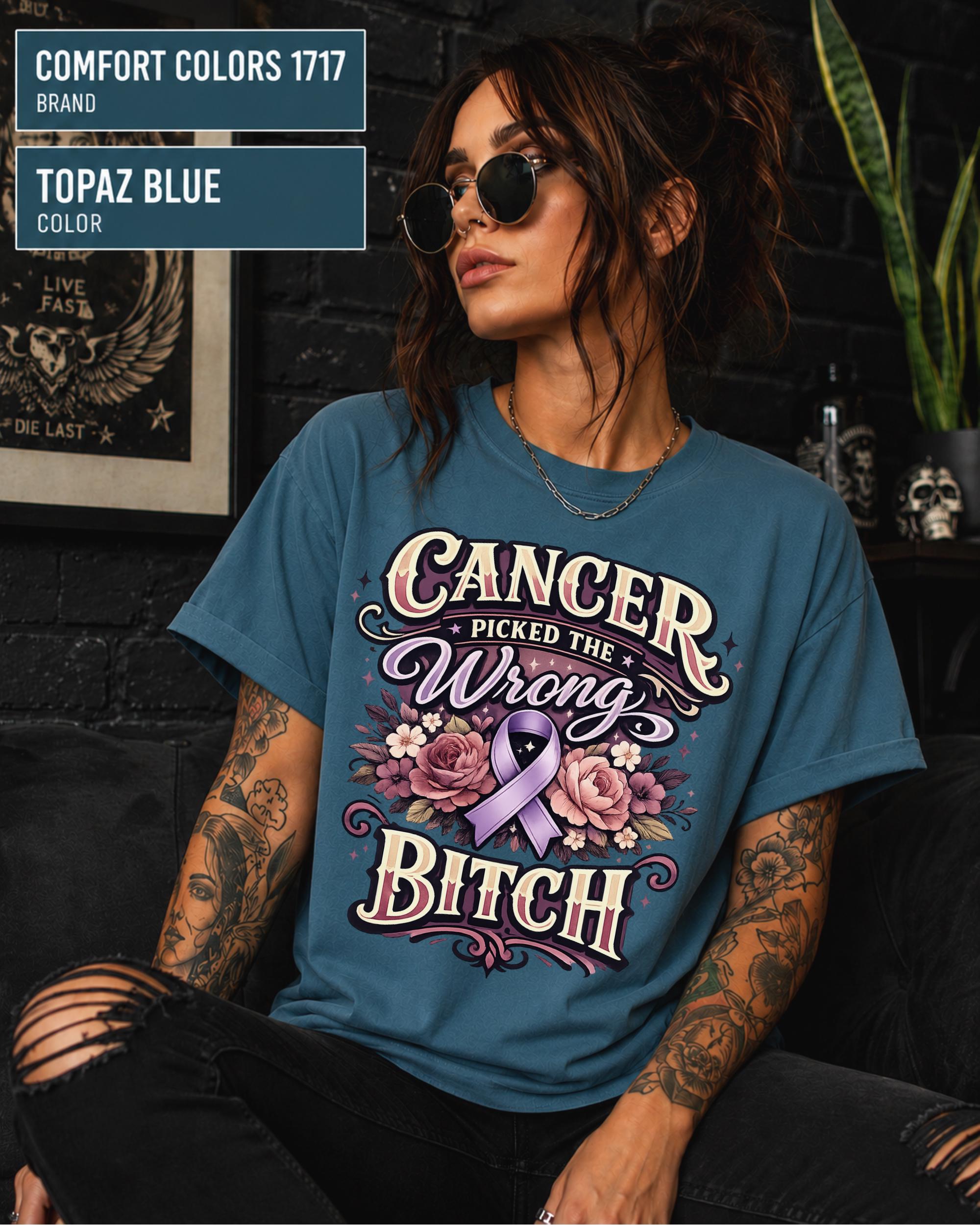 Woman wearing a Comfort Color 1717 cancer fighter shirt featuring Cancer Picked the Wrong Bitch text, pink ribbon, and floral artwork.