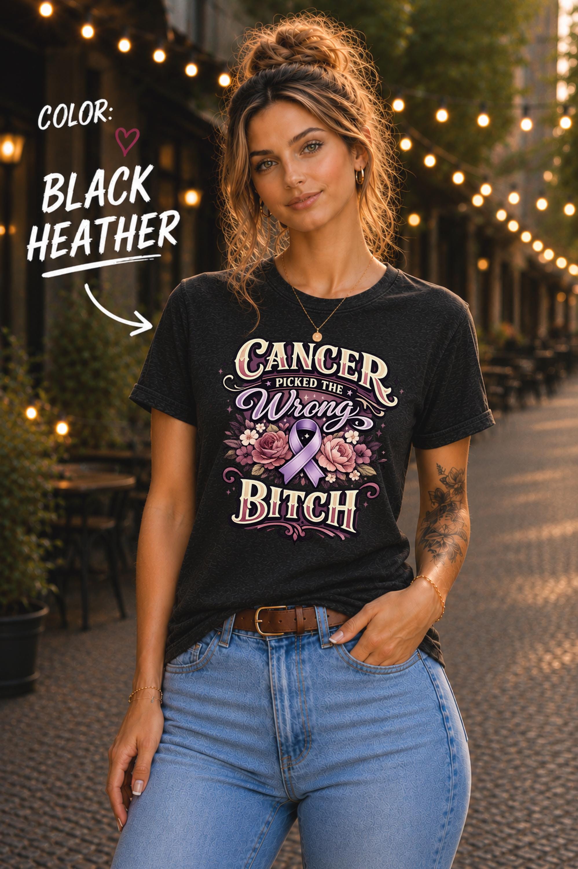 Woman wearing a Bella+Canvas 3001 cancer fighter shirt featuring Cancer Picked the Wrong Bitch text, pink ribbon, and floral artwork.