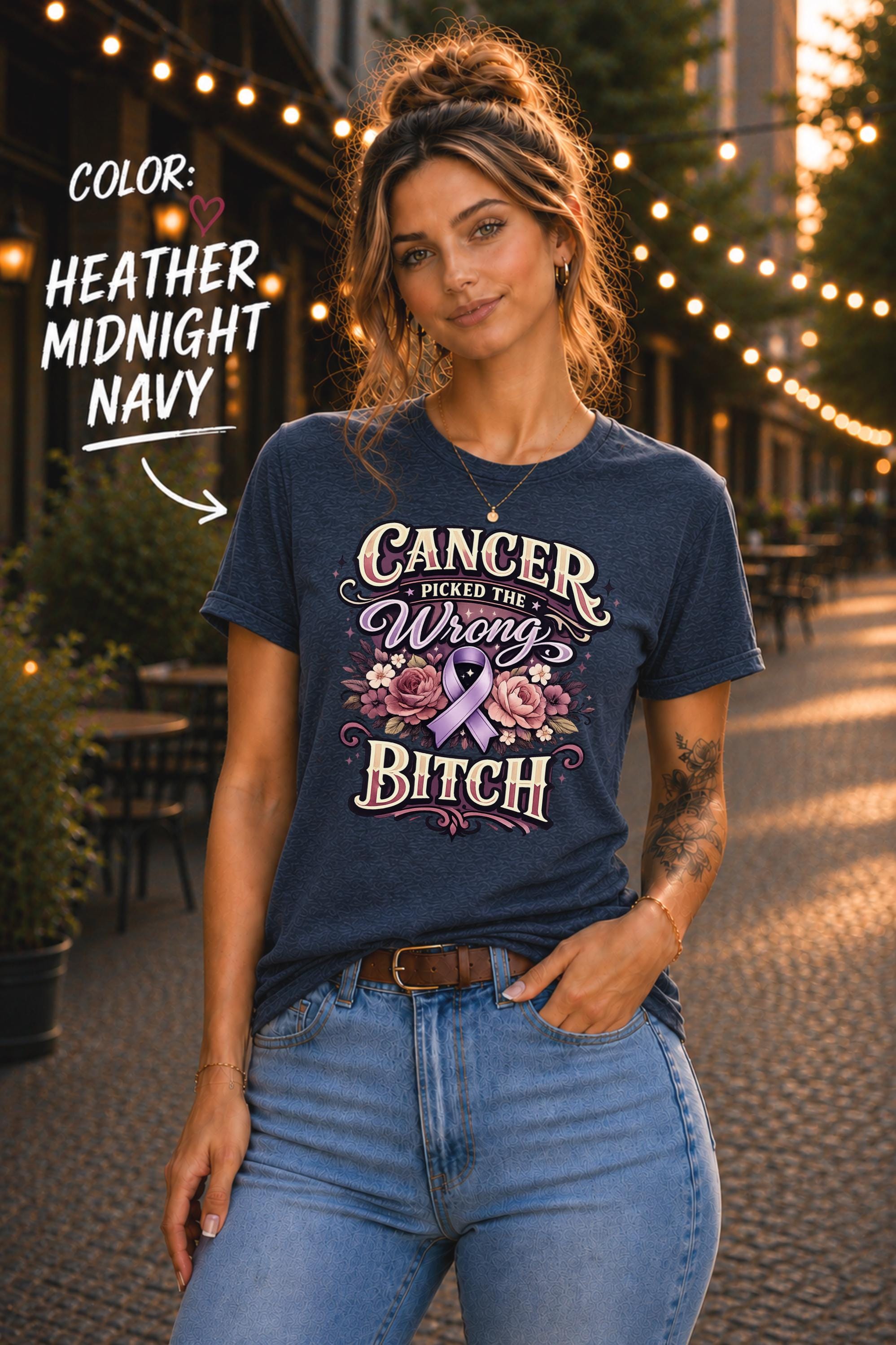 Woman wearing a Bella+Canvas 3001 cancer fighter shirt featuring Cancer Picked the Wrong Bitch text, pink ribbon, and floral artwork.