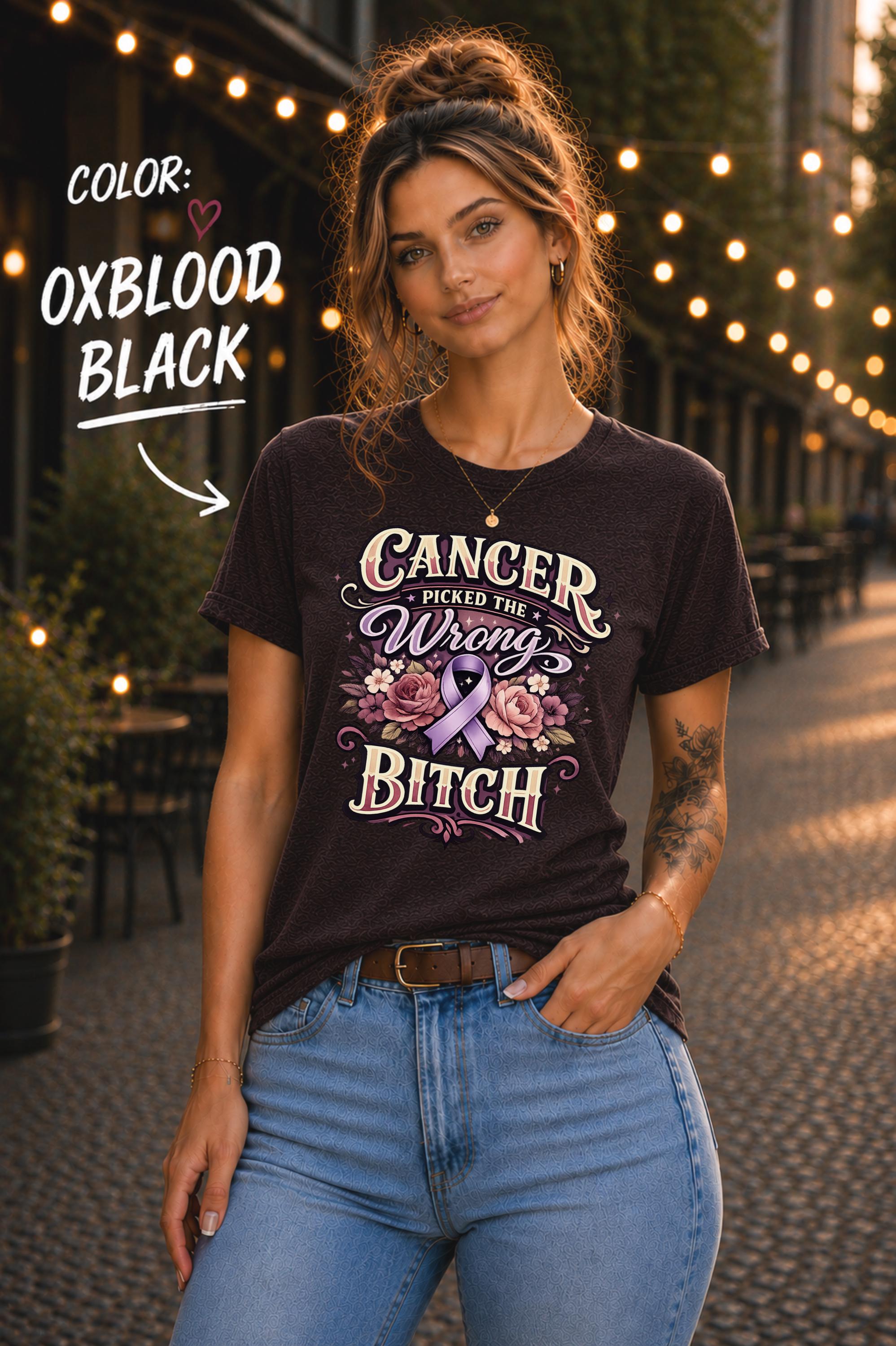 Woman wearing a Bella+Canvas 3001 cancer fighter shirt featuring Cancer Picked the Wrong Bitch text, pink ribbon, and floral artwork.