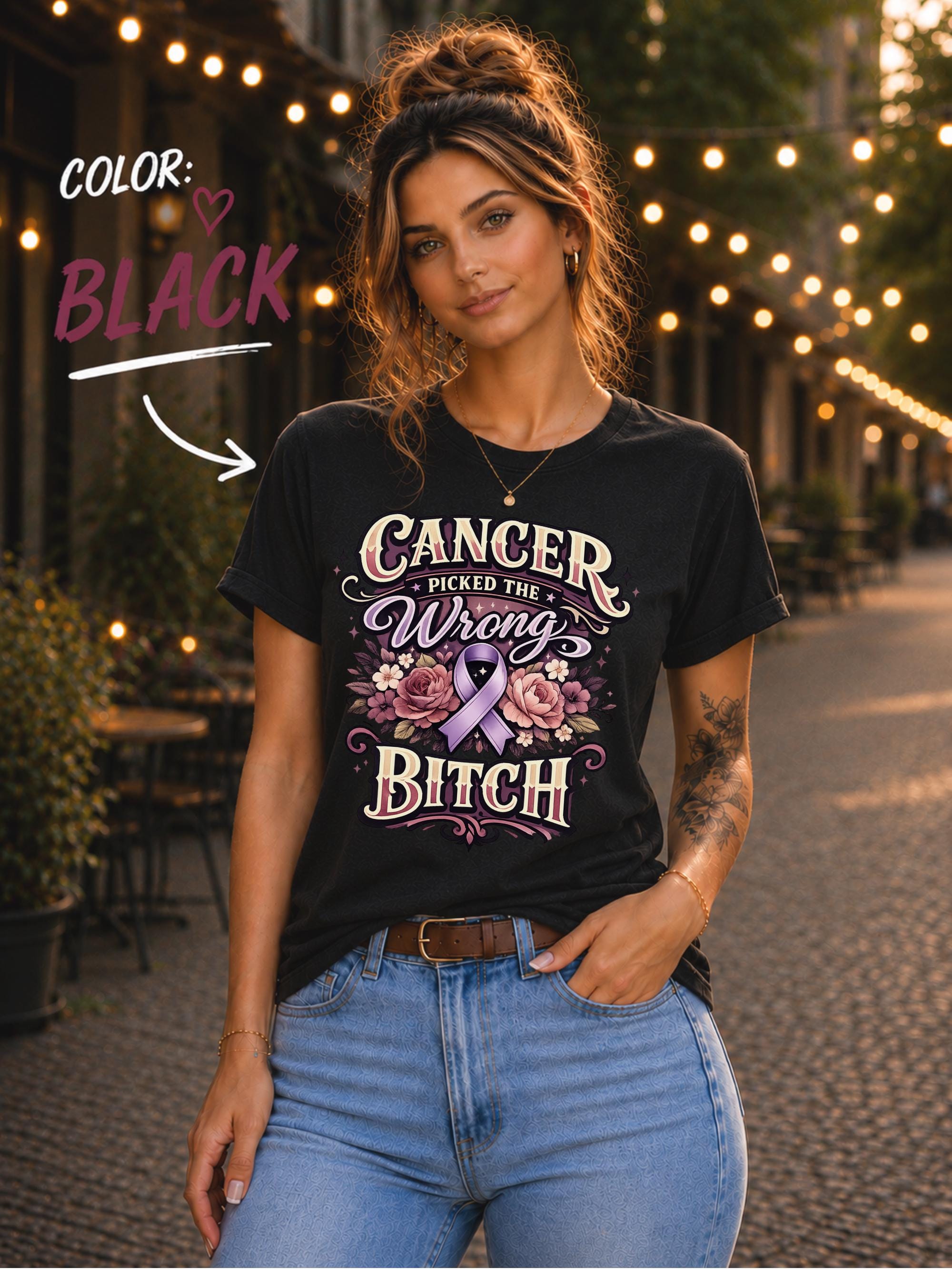 Woman wearing a Bella+Canvas 3001 cancer fighter shirt featuring Cancer Picked the Wrong Bitch text, pink ribbon, and floral artwork.