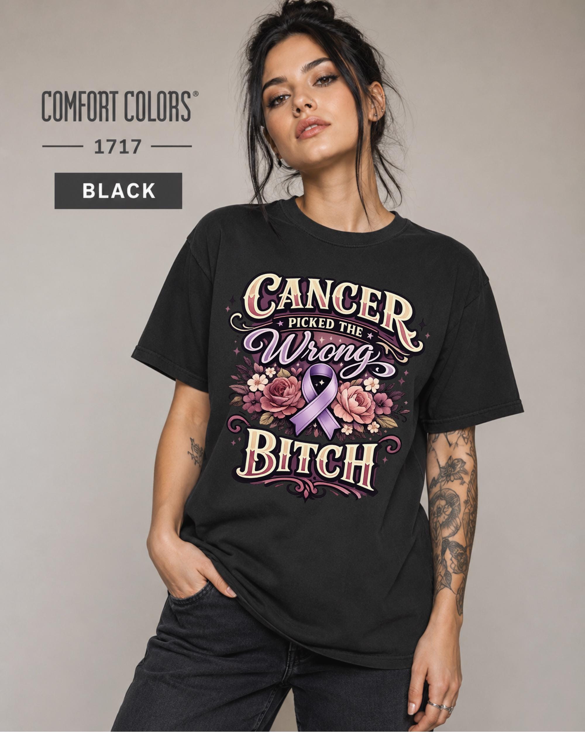 Woman wearing a Comfort Color 1717 cancer fighter shirt featuring Cancer Picked the Wrong Bitch text, pink ribbon, and floral artwork.