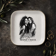 Personalized best friend jewelry dish featuring a custom black-and-white photo, two names, established year, heart design, and gold rim.