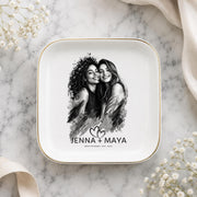 Personalized best friend jewelry dish featuring a custom black-and-white photo, two names, established year, heart design, and gold rim.