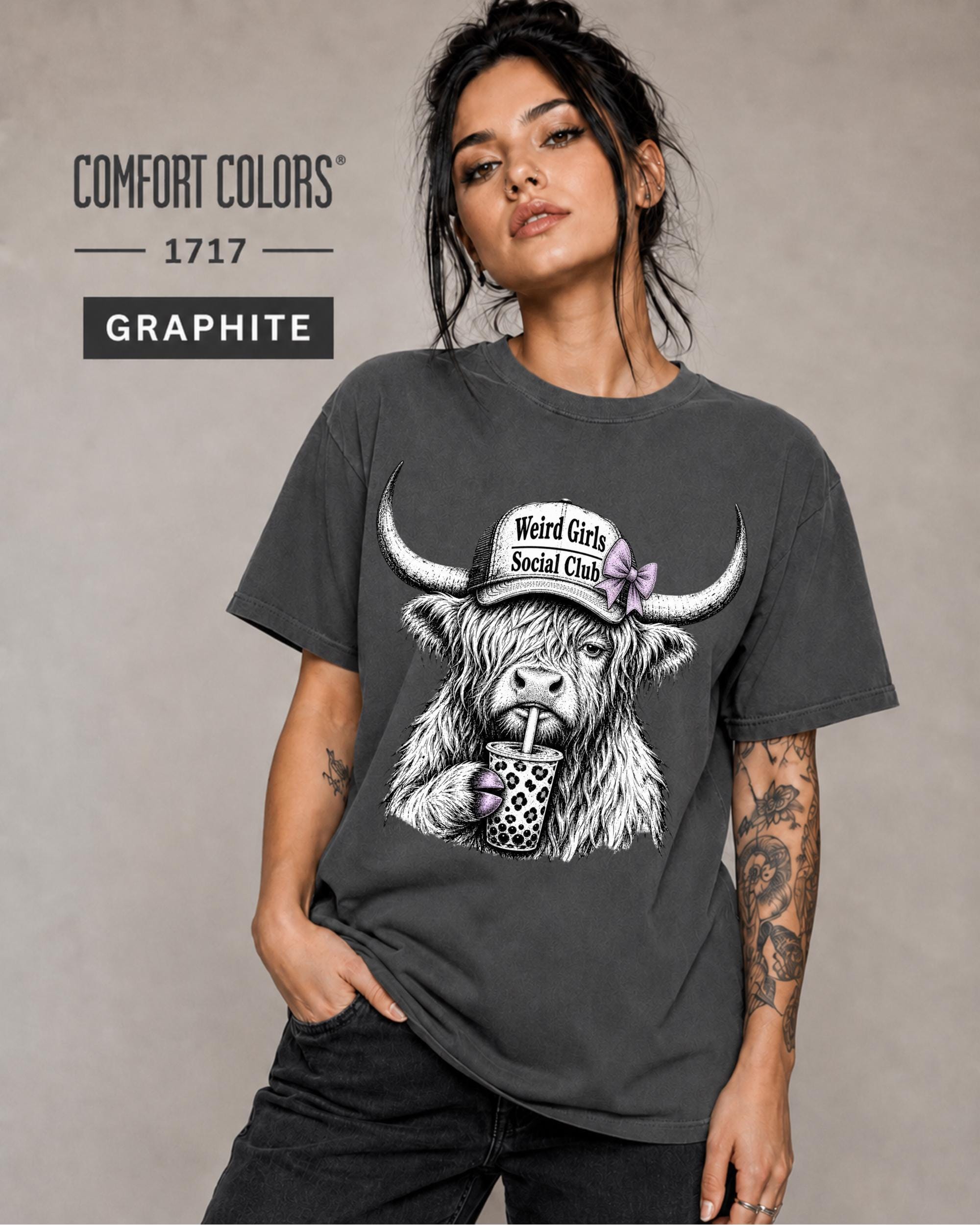 Highland cow graphic shirt for quirky women, western fashion fans, and animal lovers.