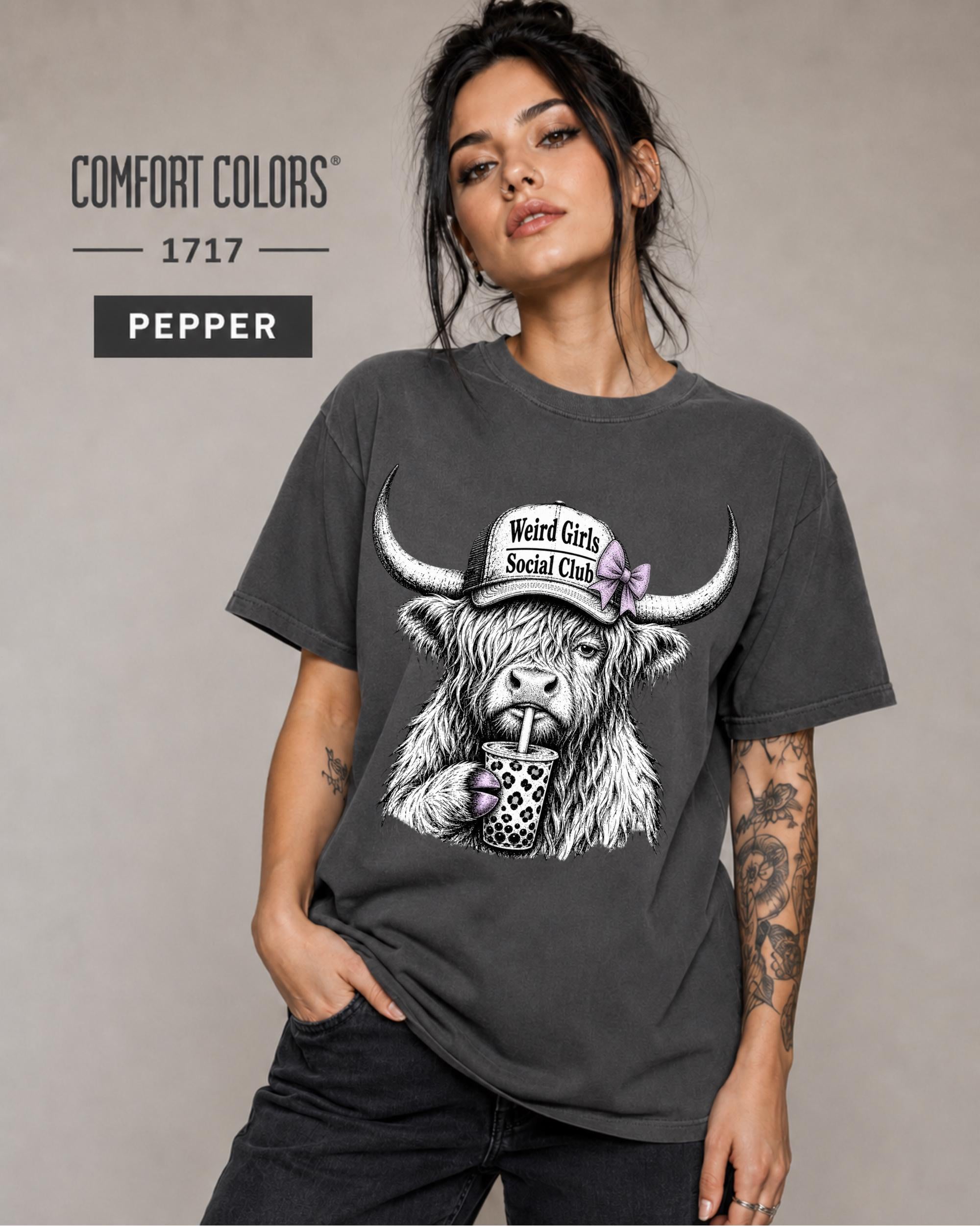 Pepper garment-dyed tee for boba lovers, Highland cattle fans, and trendy graphic shirt collectors.