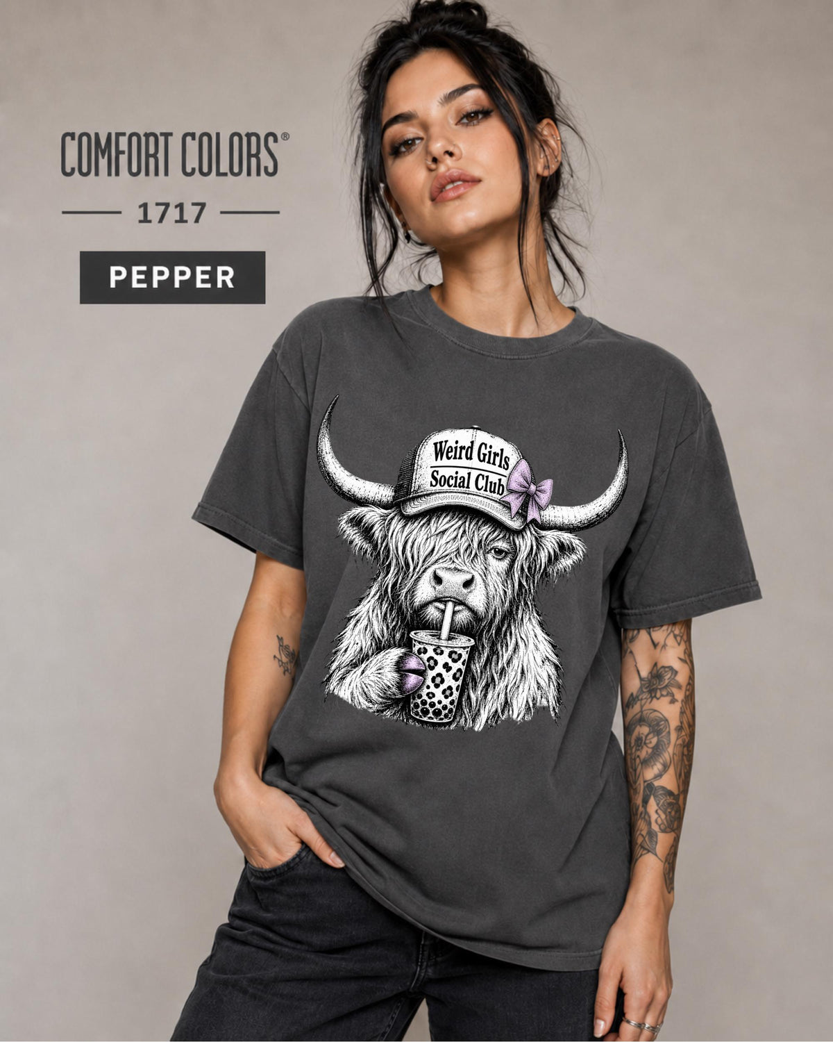 Pepper garment-dyed tee for boba lovers, Highland cattle fans, and trendy graphic shirt collectors.