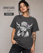 Pepper garment-dyed tee for boba lovers, Highland cattle fans, and trendy graphic shirt collectors.