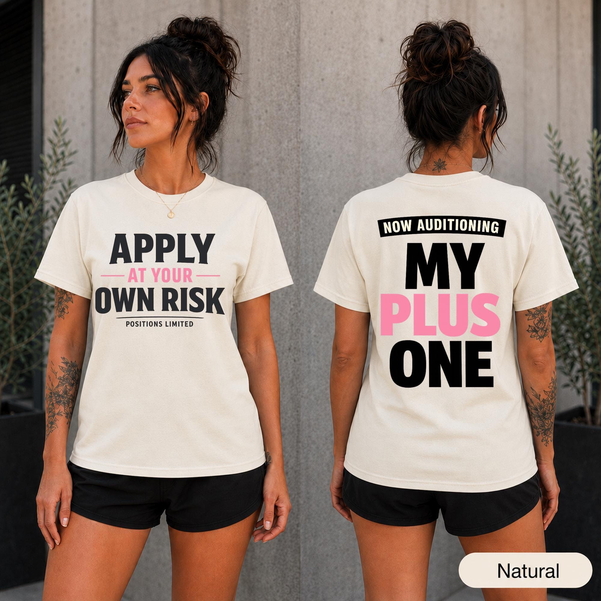Funny single woman shirt with matching front and back prints shown in an outdoor lifestyle setting.
