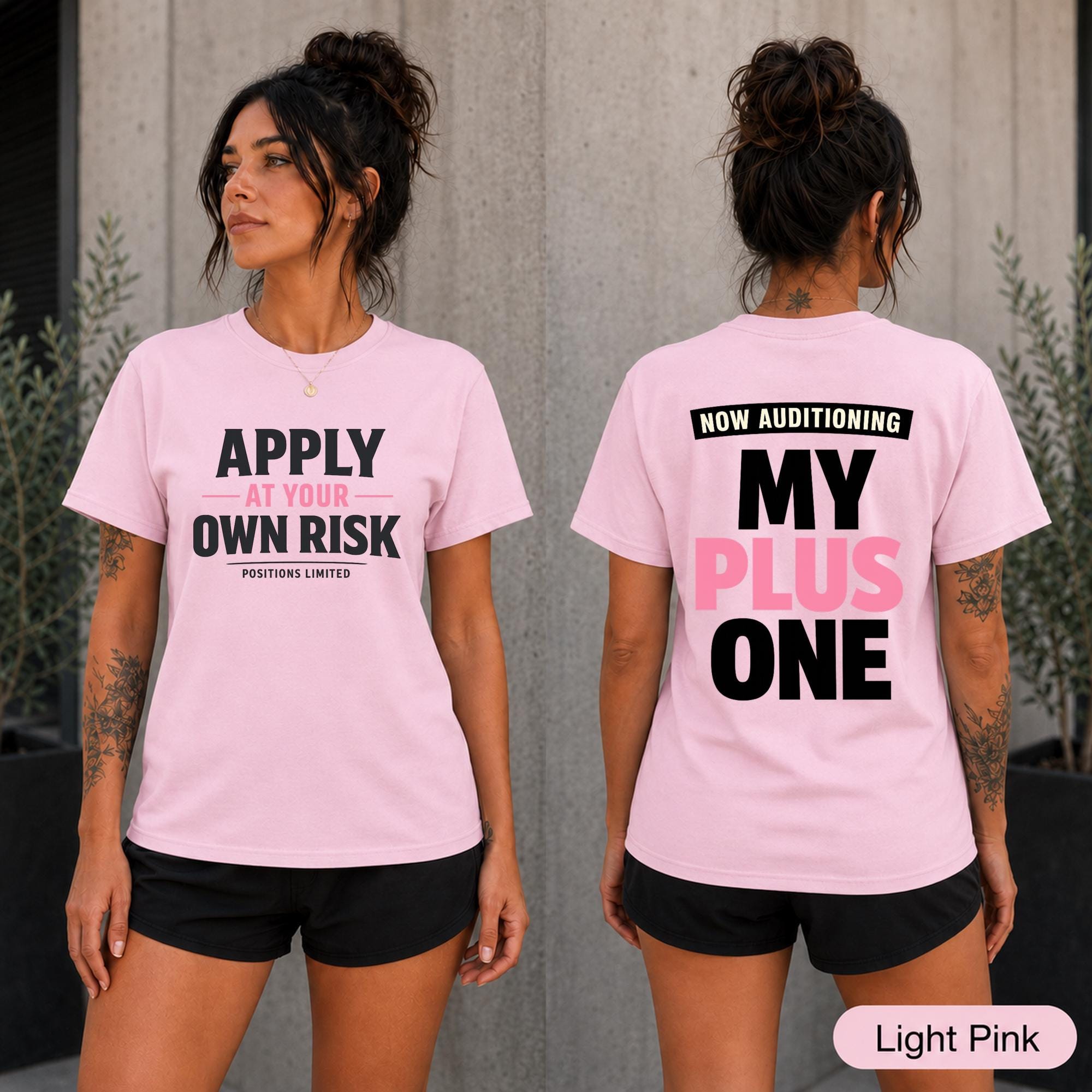 Flirty girls trip tee featuring Positions Limited on the front and a plus-one audition message behind.
