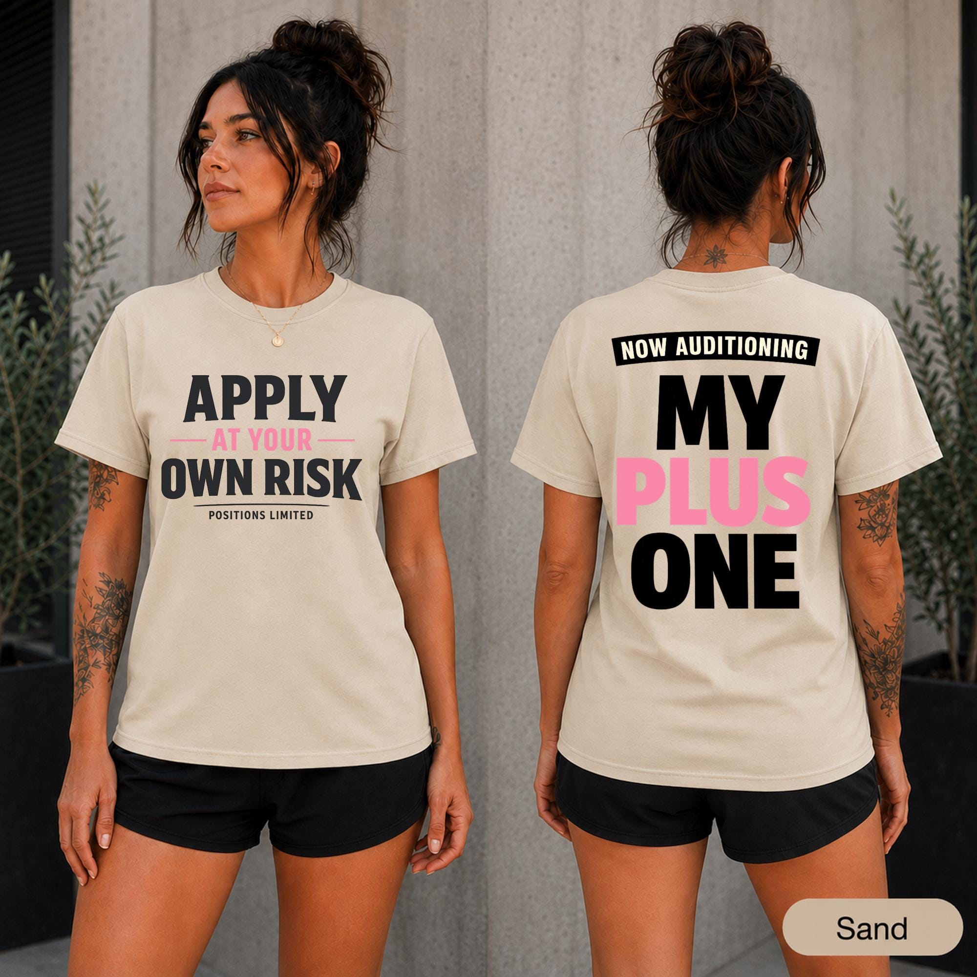 Front & Back-view party tee featuring bold block lettering, pink accents, and a playful dating message.