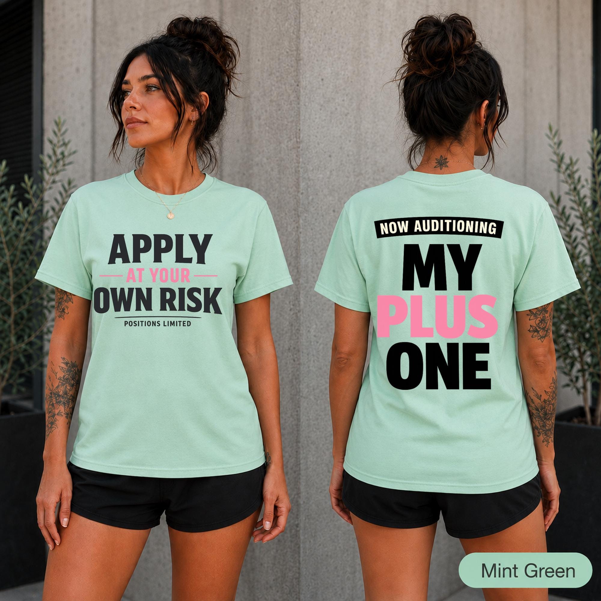 Two-sided graphic tee designed for best friends, party groups, and outgoing single women.