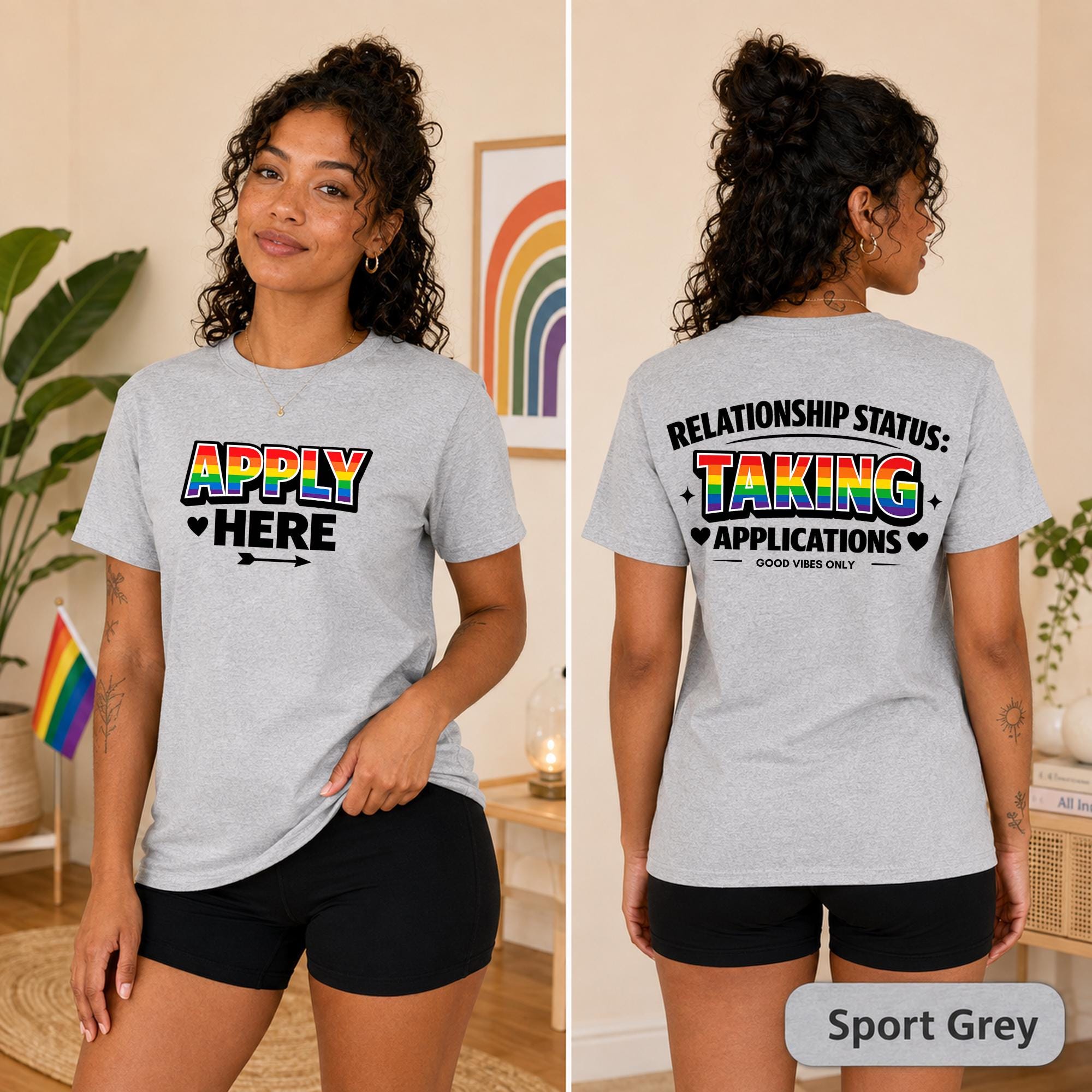Funny Pride dating shirt featuring Apply Here on the front and Good Vibes Only on the back.