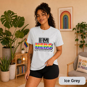 Ice grey I’m Hers shirt with rainbow lettering and She Has Excellent Taste message.
