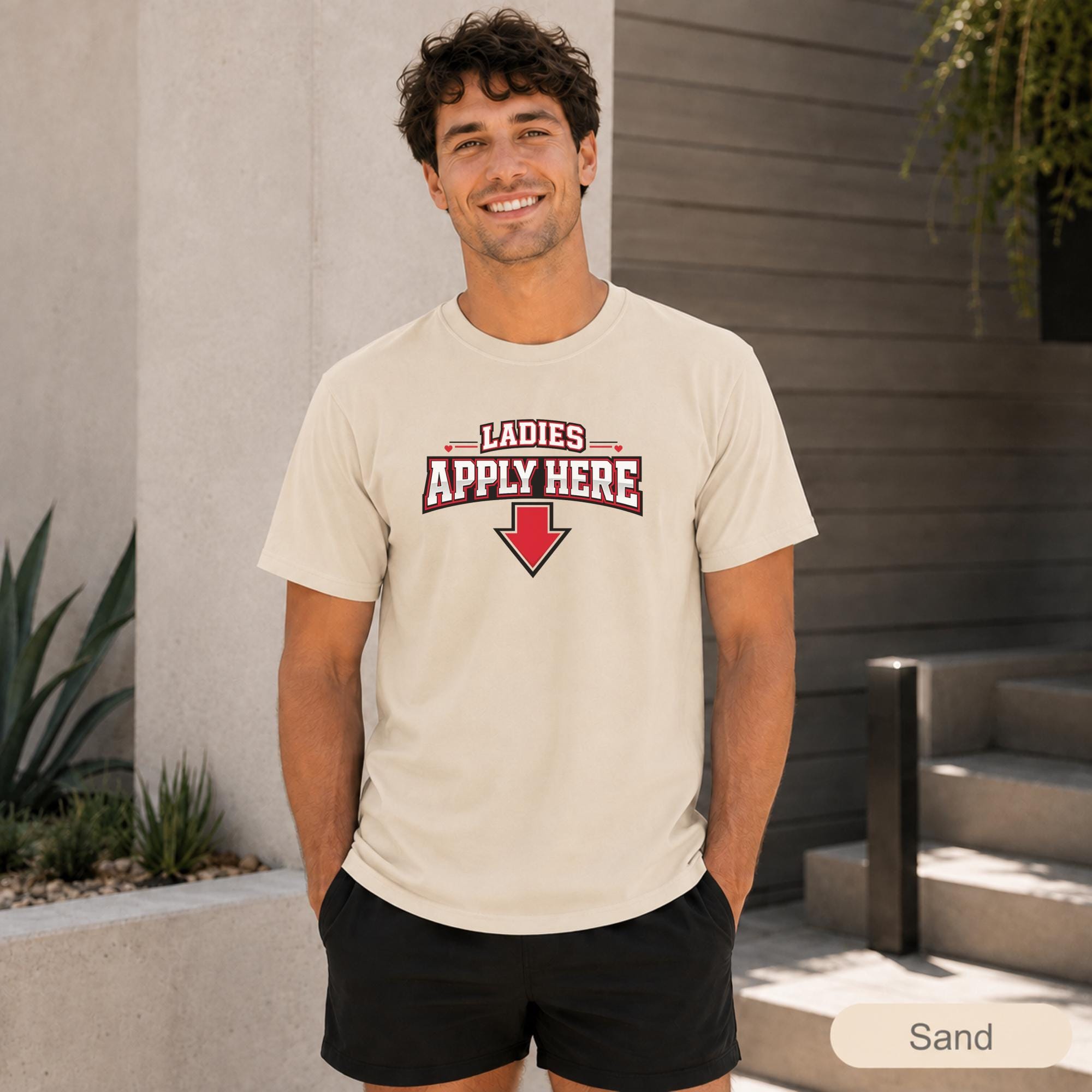 Funny dating profile shirt with Ladies Apply Here wording positioned across the chest.