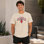 Funny dating profile shirt with Ladies Apply Here wording positioned across the chest.