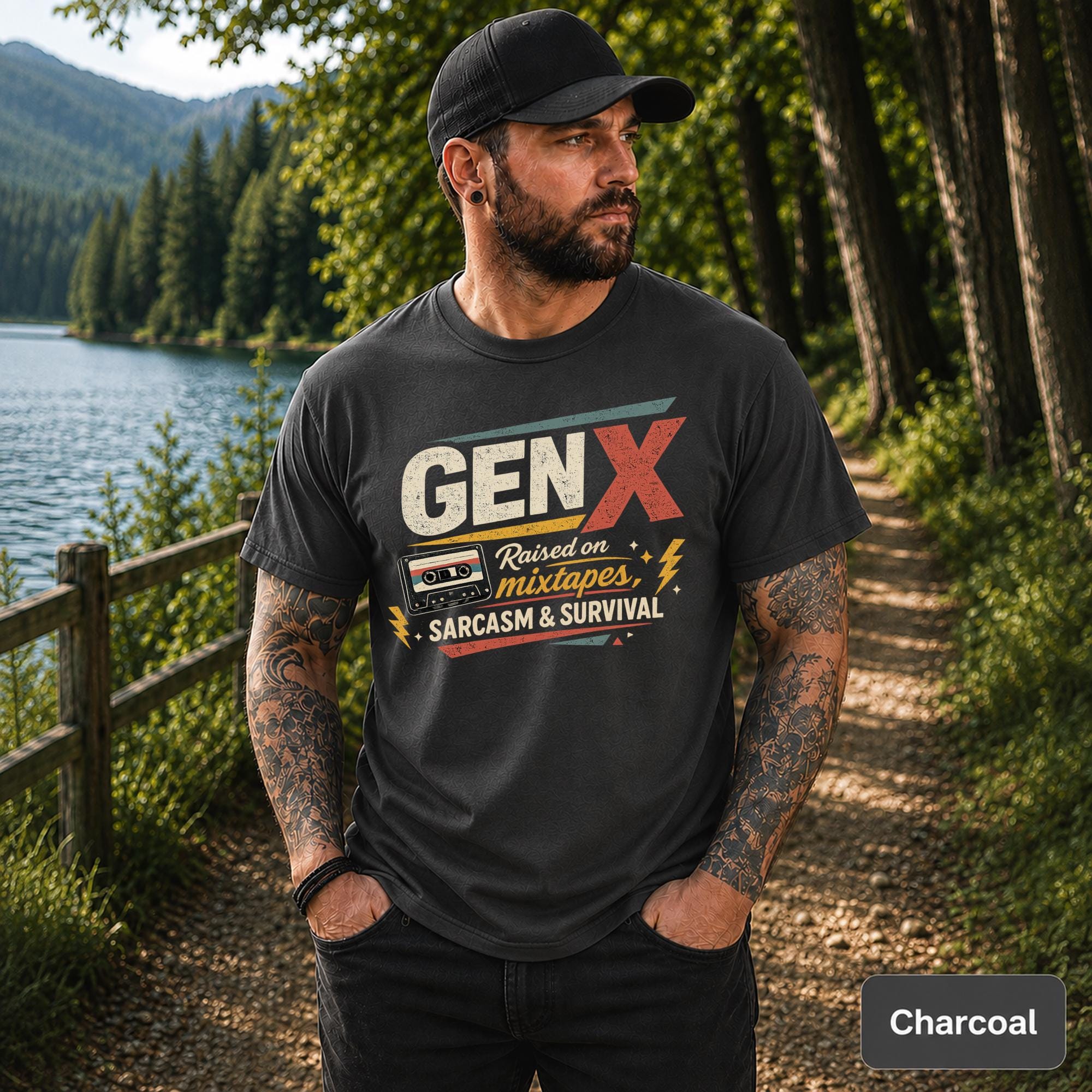 Charcoal Generation X graphic tee with cassette tape, lightning bolts, stars, and vintage colors.